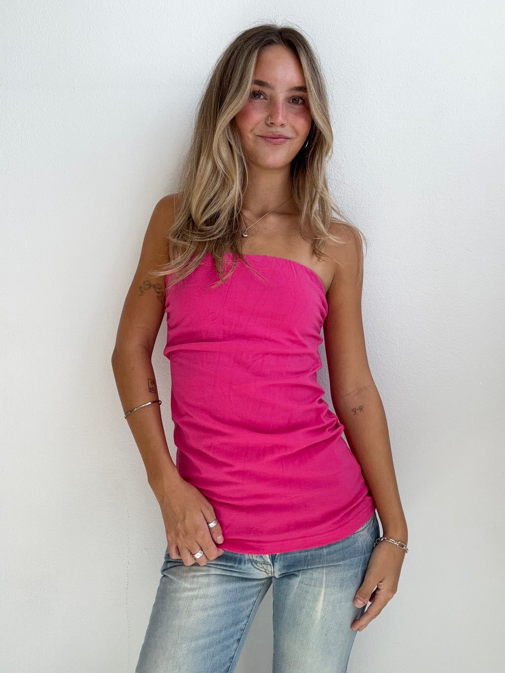 Y2K Hot Pink Strapless Tube Top (Small)