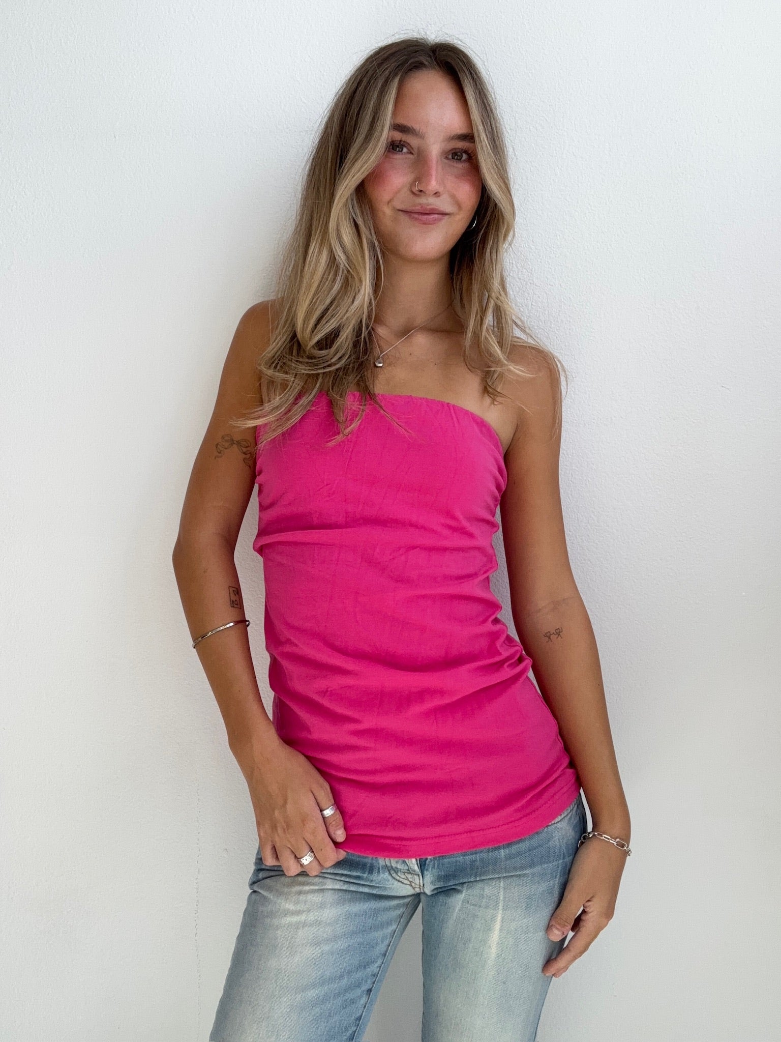 Y2K Hot Pink Strapless Tube Top (Small)