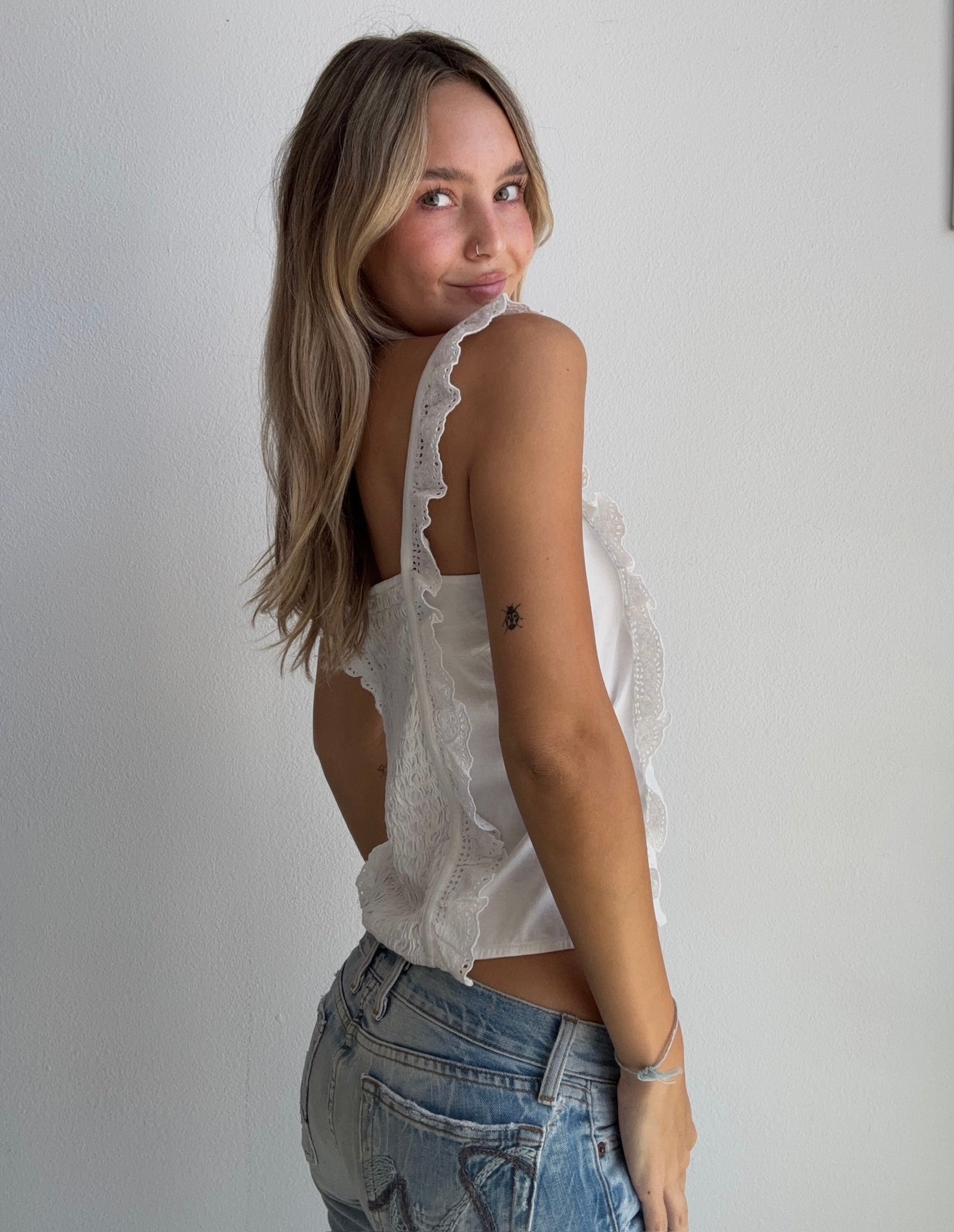 White Smocked Lace Tank (Small)