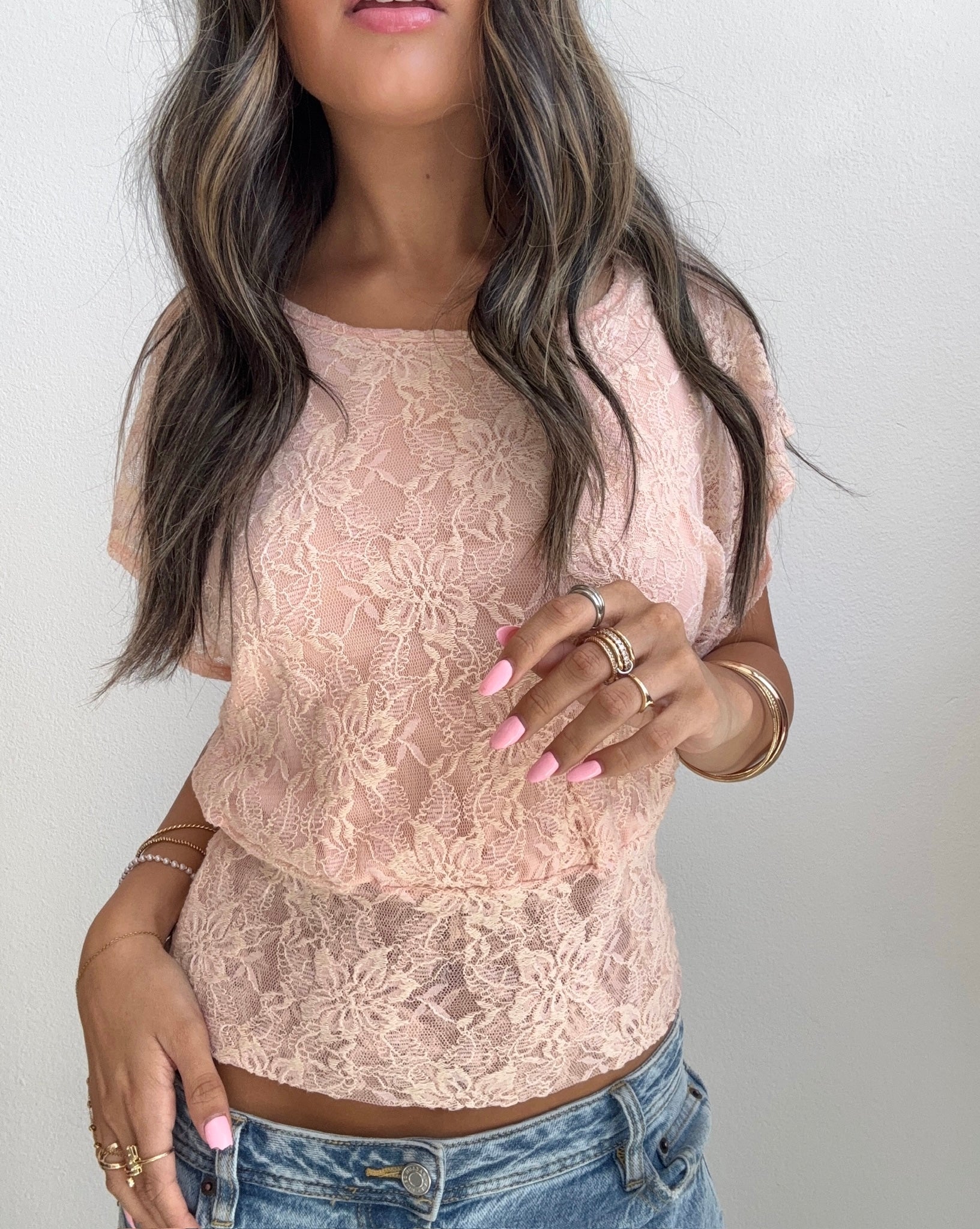 Blush Floral Lace Overlay Top (Small)