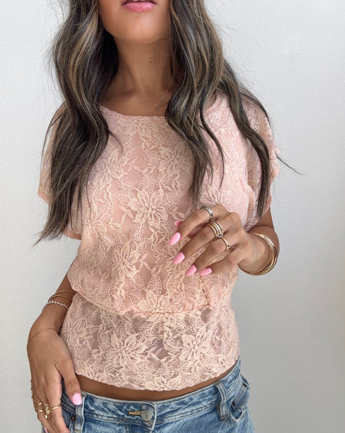Blush Floral Lace Overlay Top (Small)