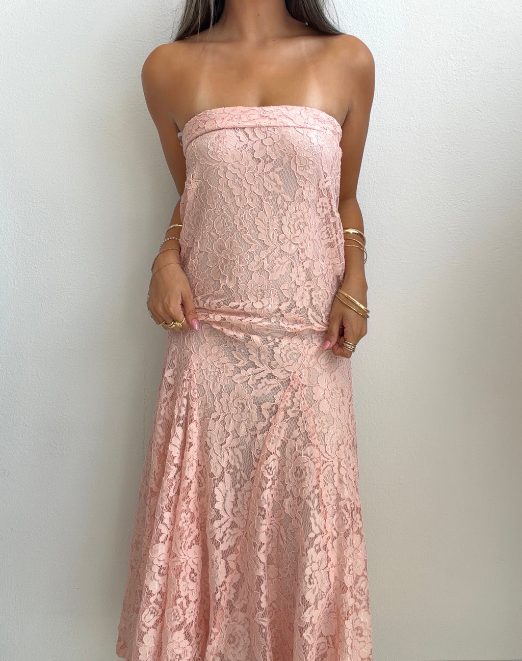 Blush Pink Lace Strapless Maxi Dress (Small)