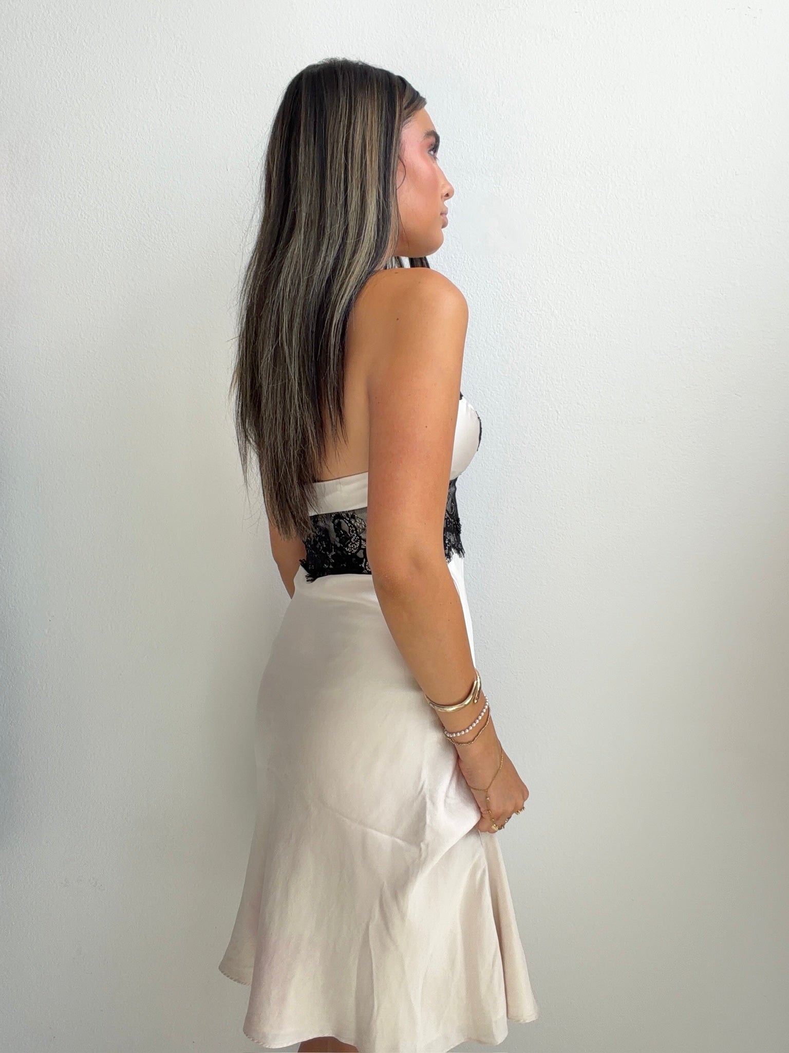 Ivory & Black Lace Halter Mini Dress (XS)