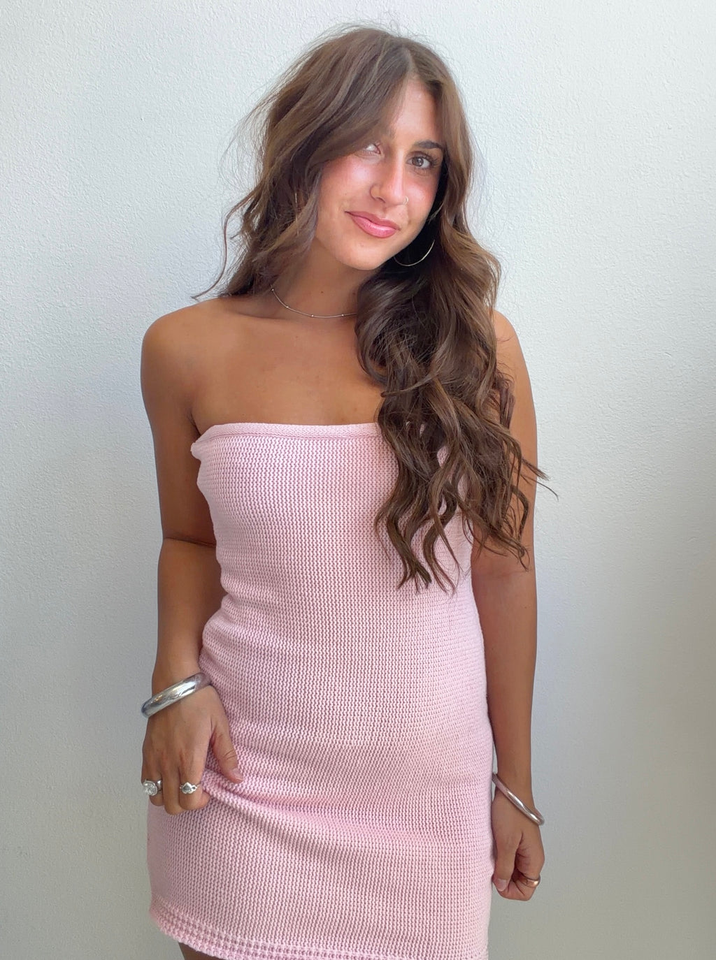 Blush Pink Knit Tube Mini Dress (Small)