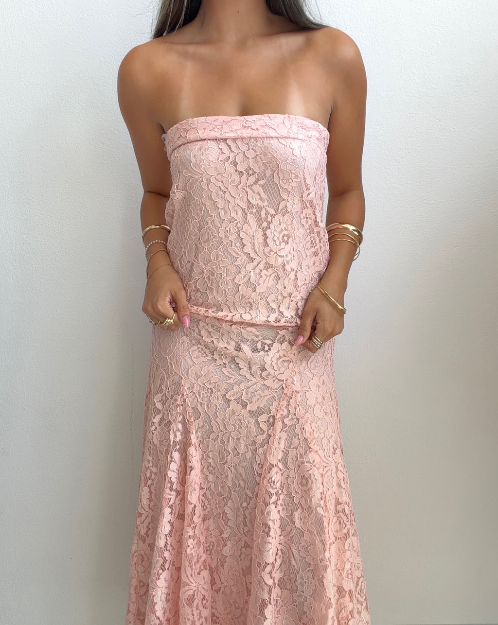 Blush Pink Lace Strapless Maxi Dress (Small)