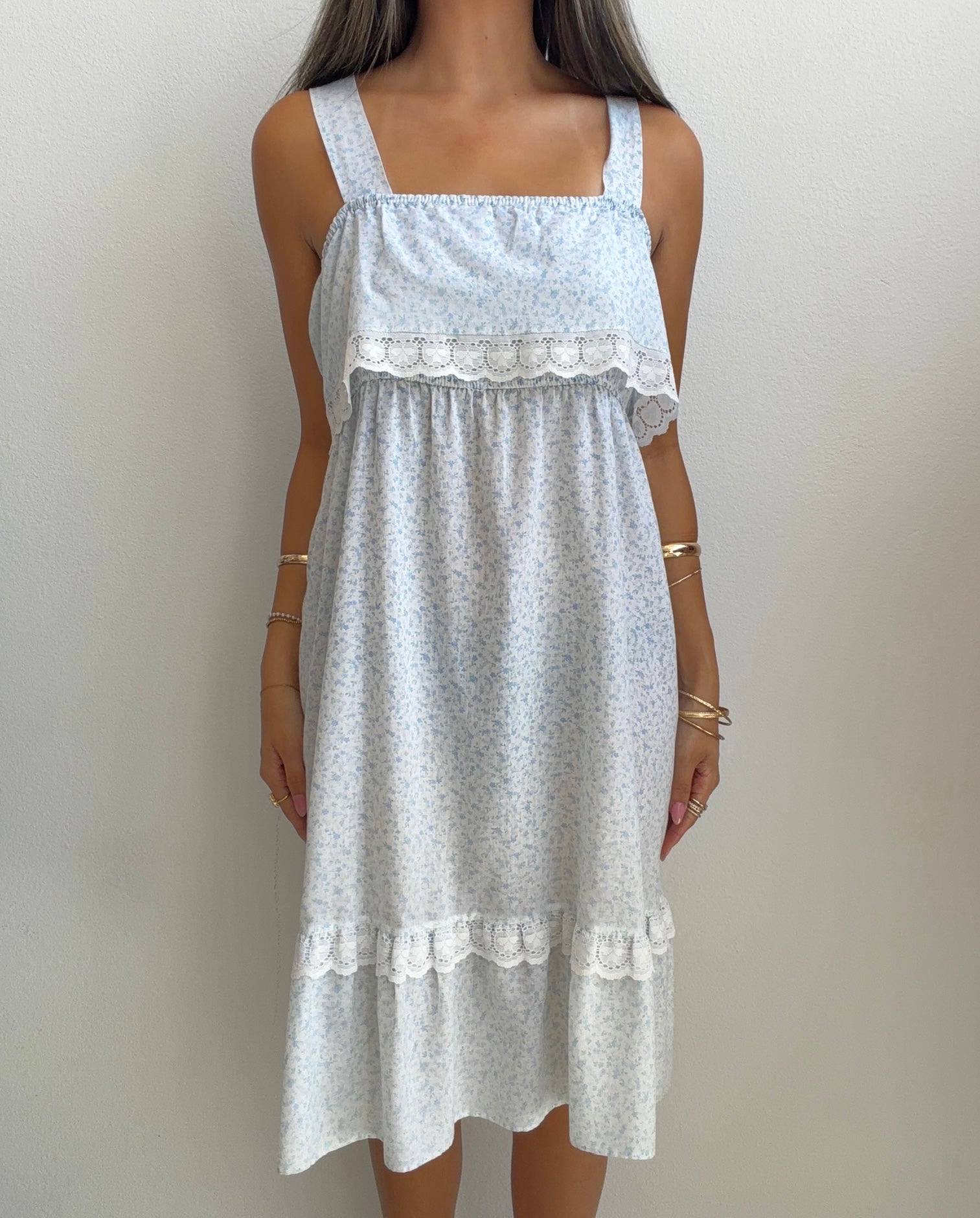Blue Floral Lace Trim Prairie Dress (M/L)