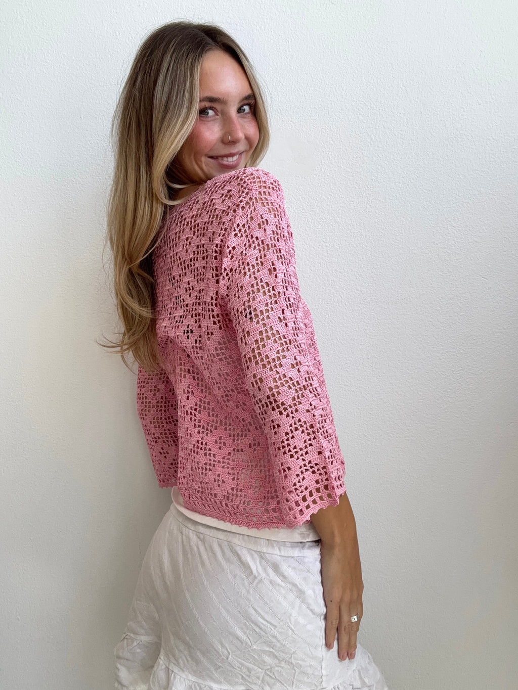 Pink Crochet Tie Cardigan (X-Small)