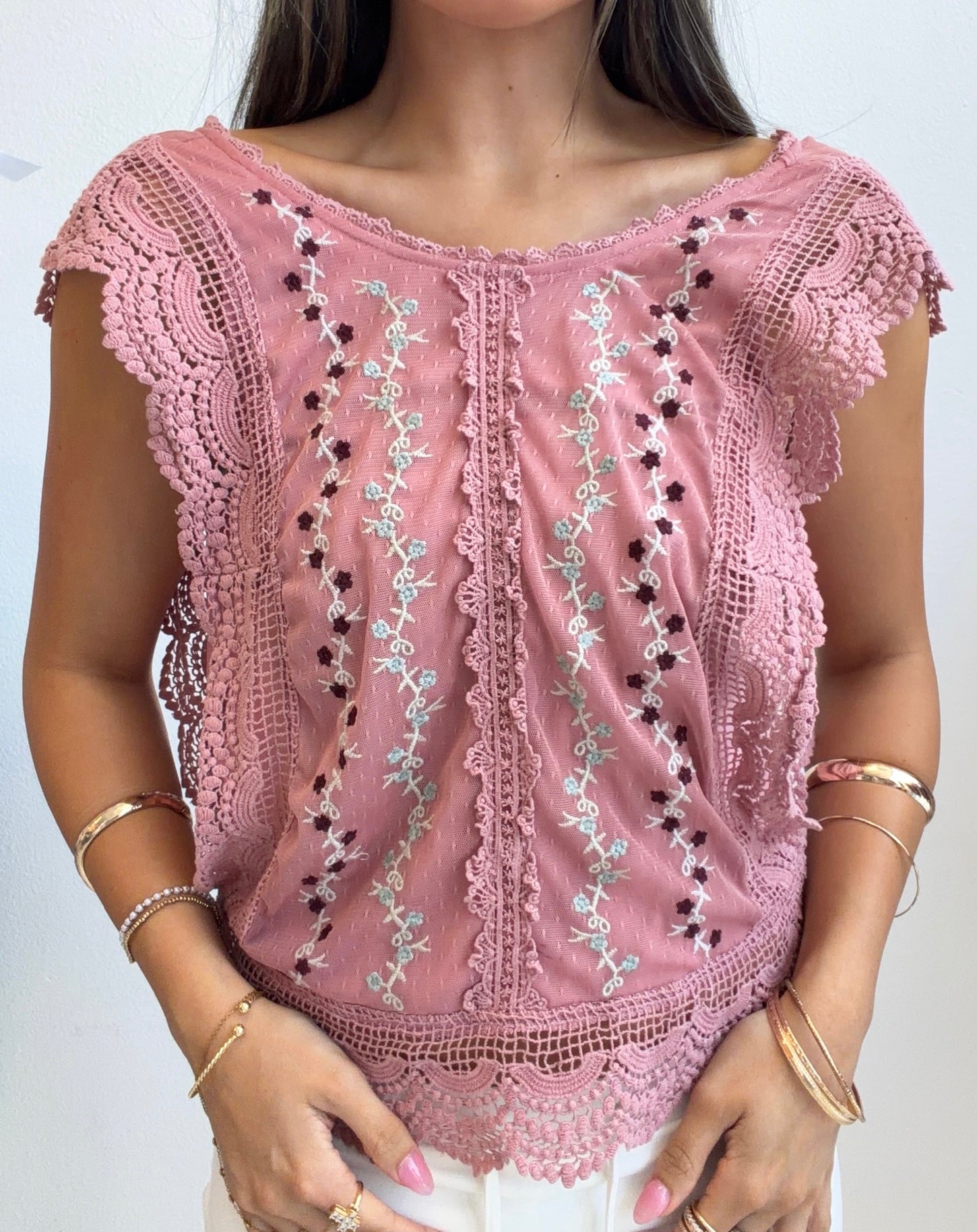 Dusty Rose Embroidered Crochet Top (Small)