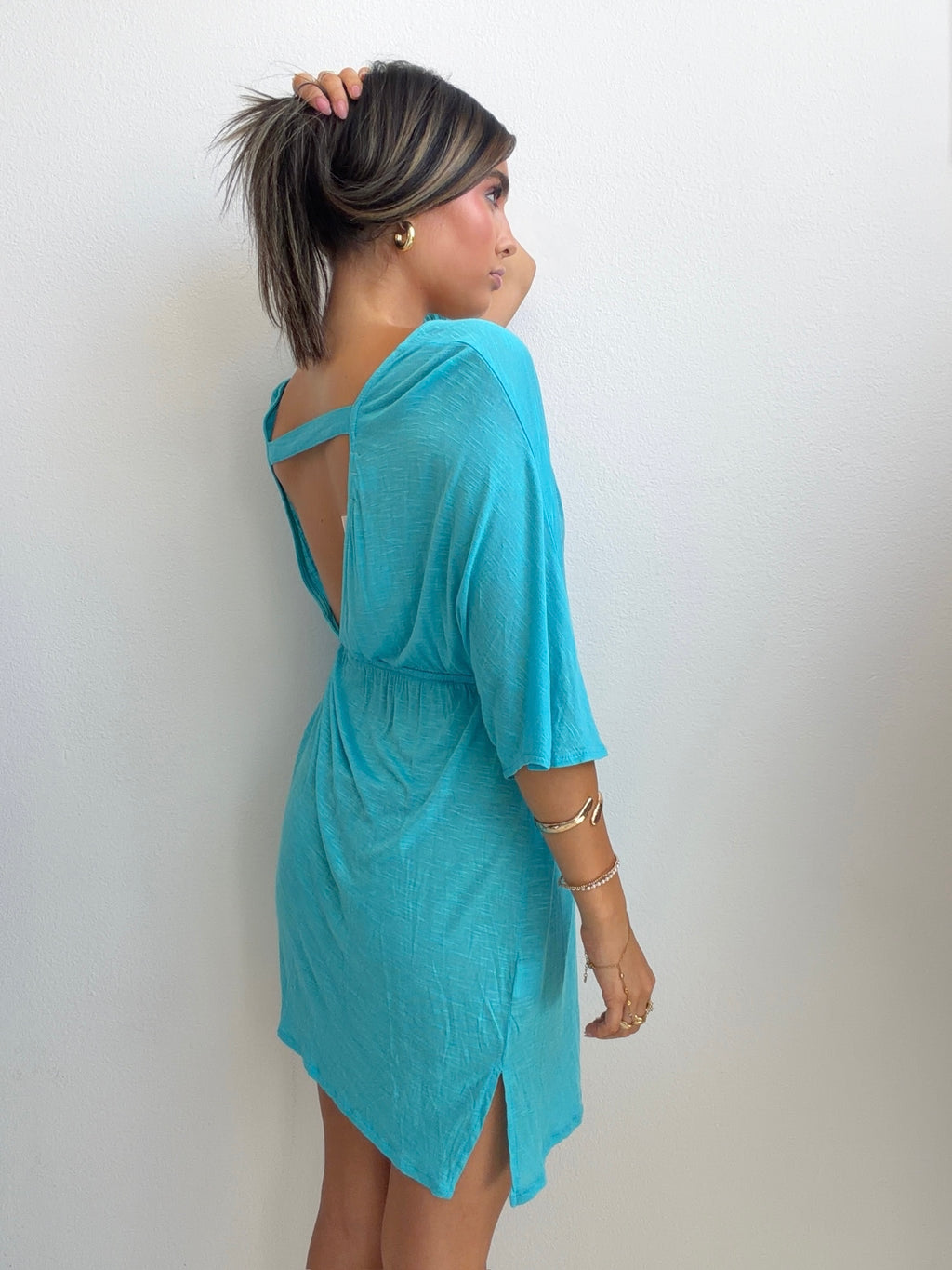 Turquoise Plunge Babydoll Tunic Dress (Medium)