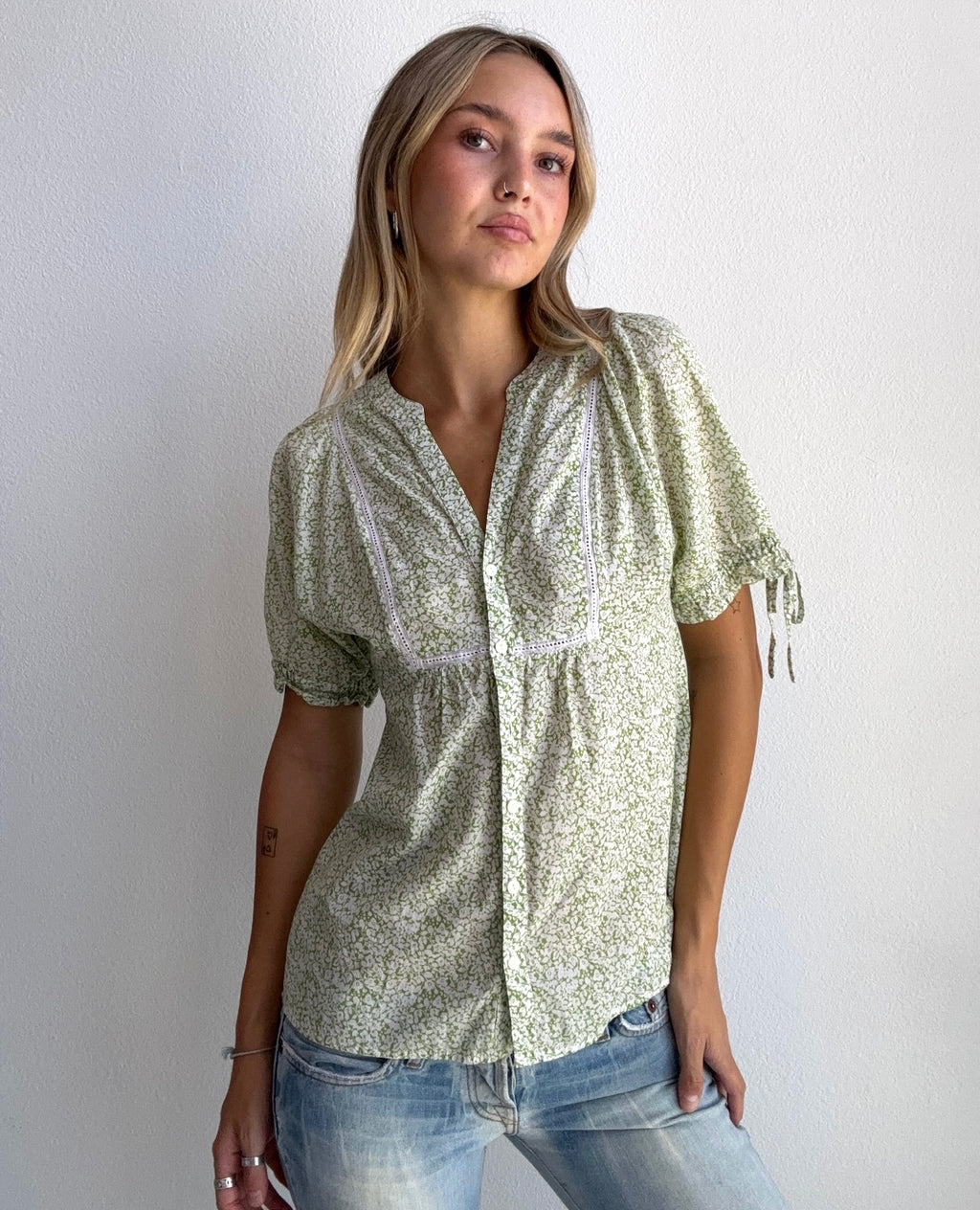 Sage Floral Button Blouse (Small)