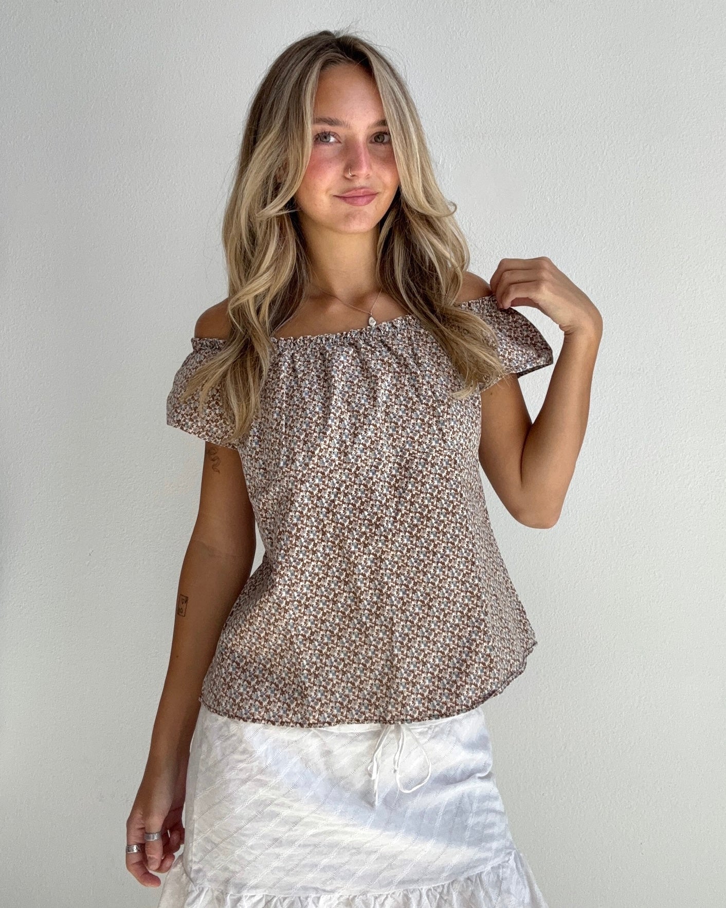 Brown Ditsy Off Shoulder Top (Small)