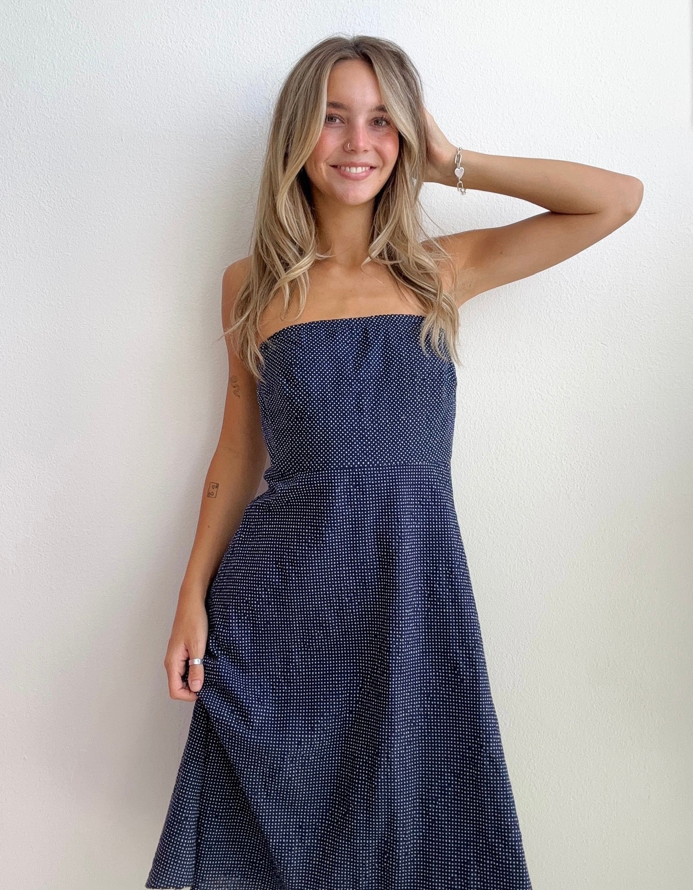 Navy Polka Dot Midi Dress (Small)