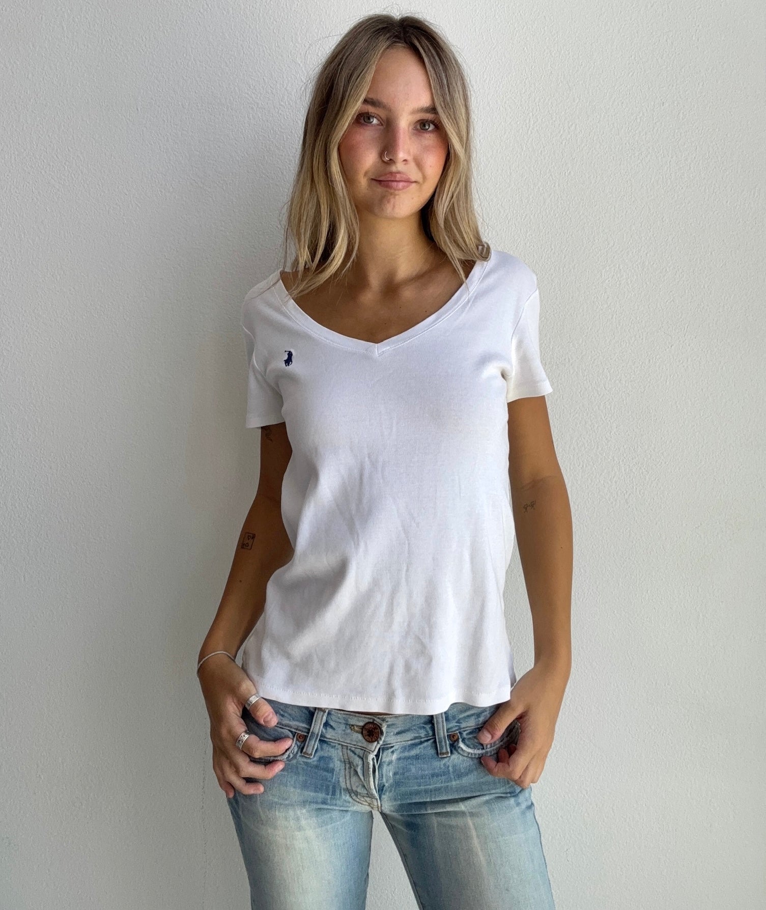 White Polo Ralph Lauren V-Neck Tee (Medium)