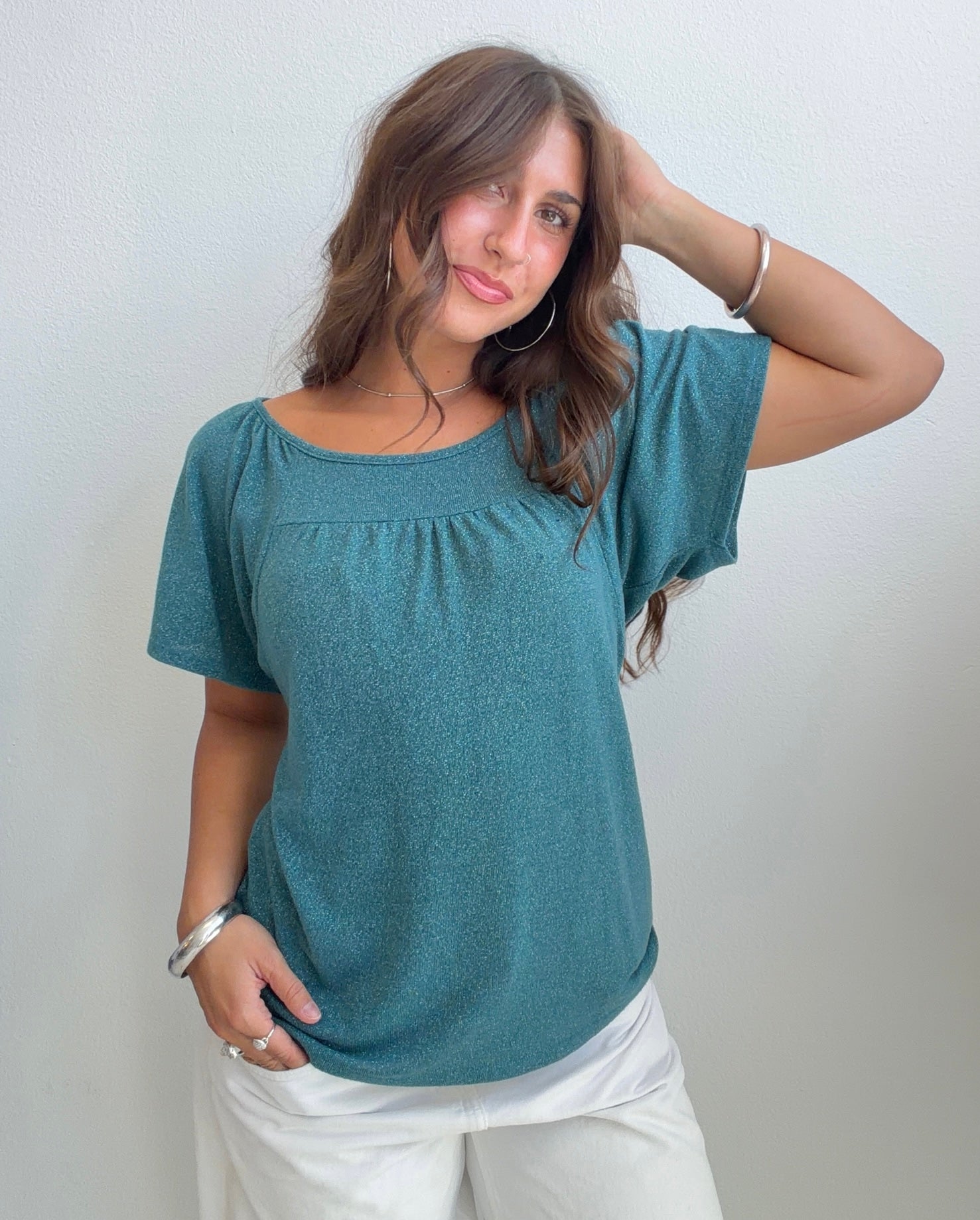 Teal Metallic Knit Short Sleeve Top (Small)