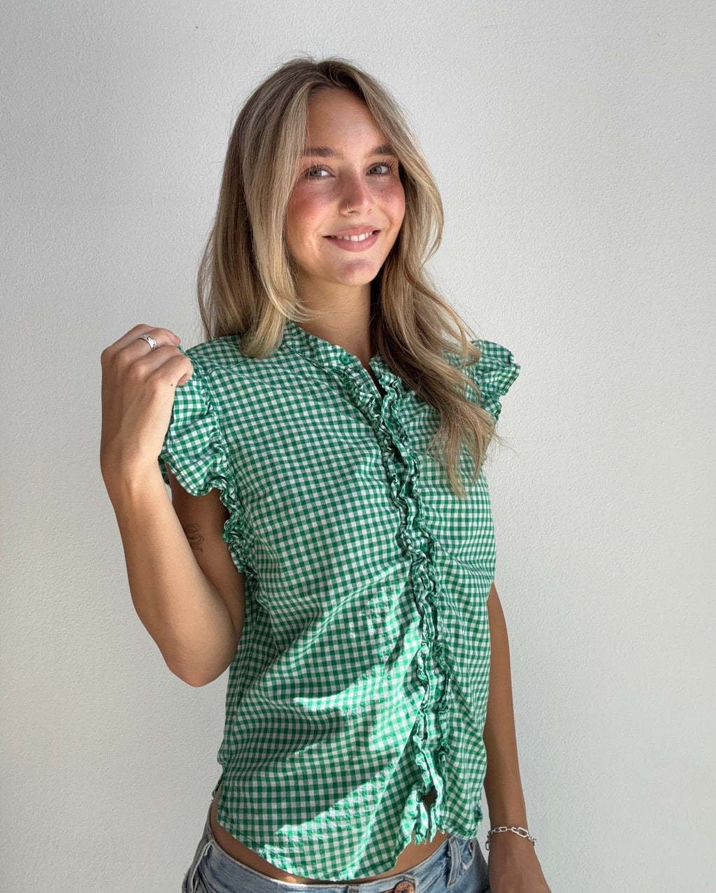 Green Gingham Ruffle Top (Medium)