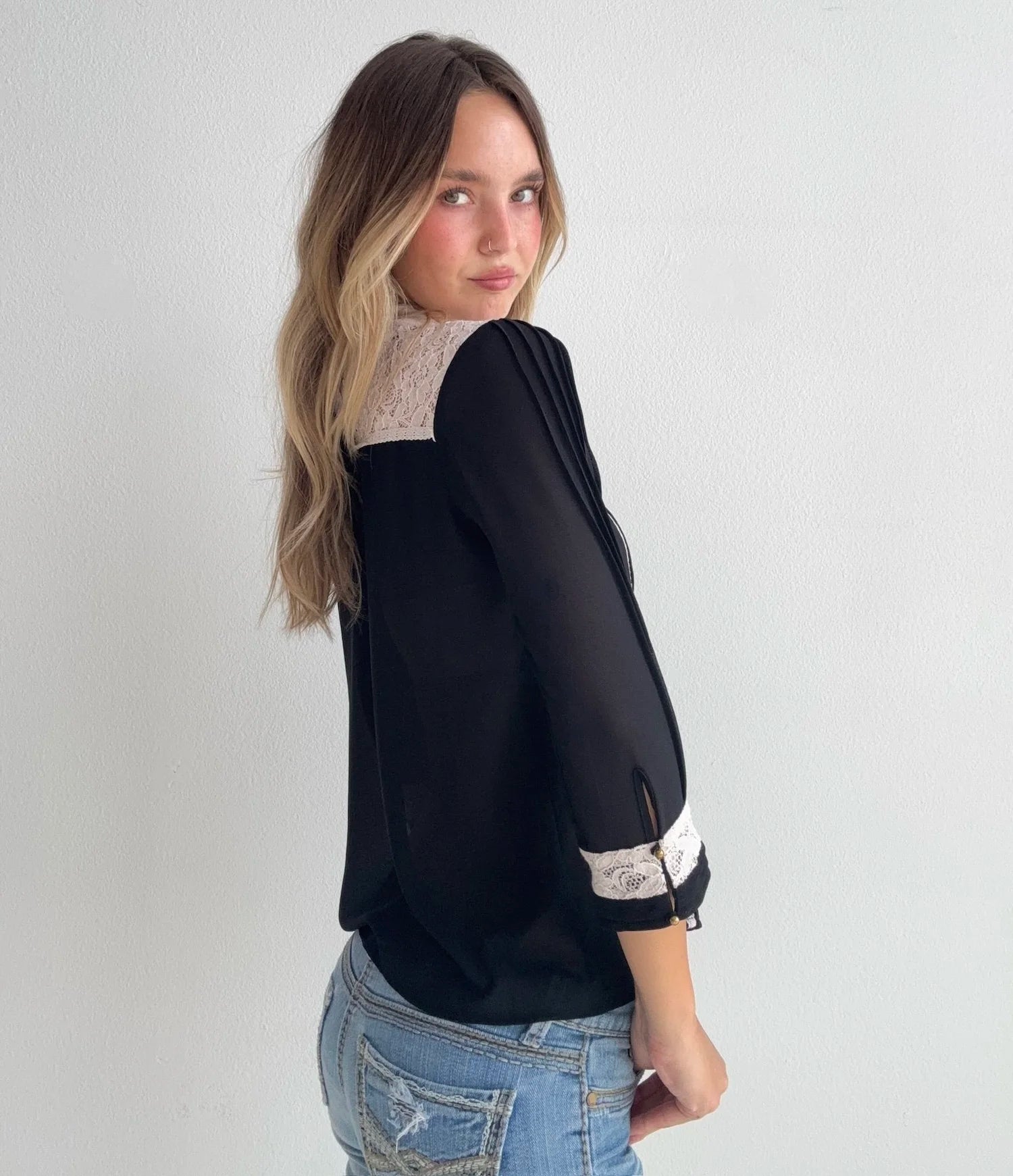 Black Lace & Pleated Panel Blouse (Small)