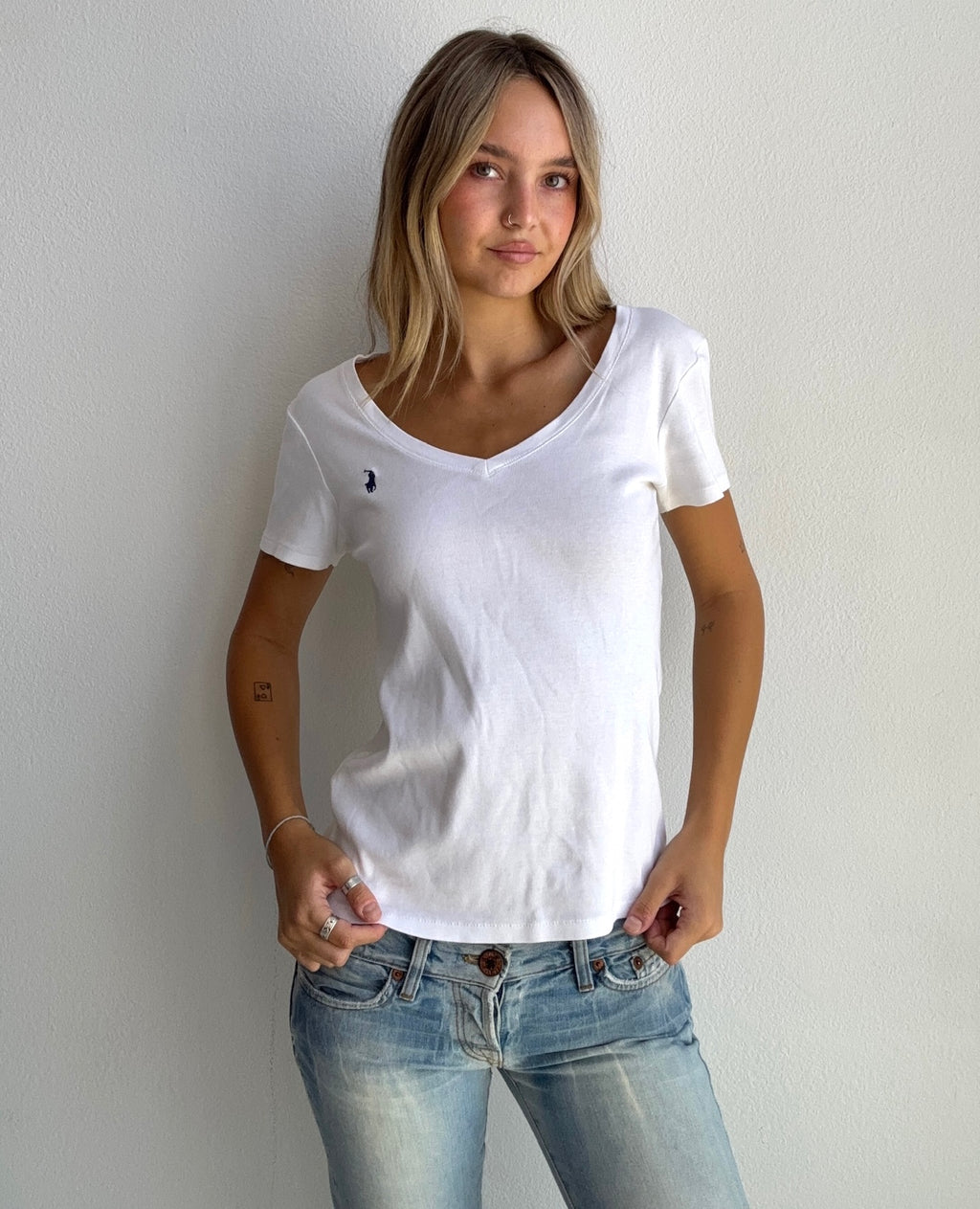 White Polo Ralph Lauren V-Neck Tee (Medium)