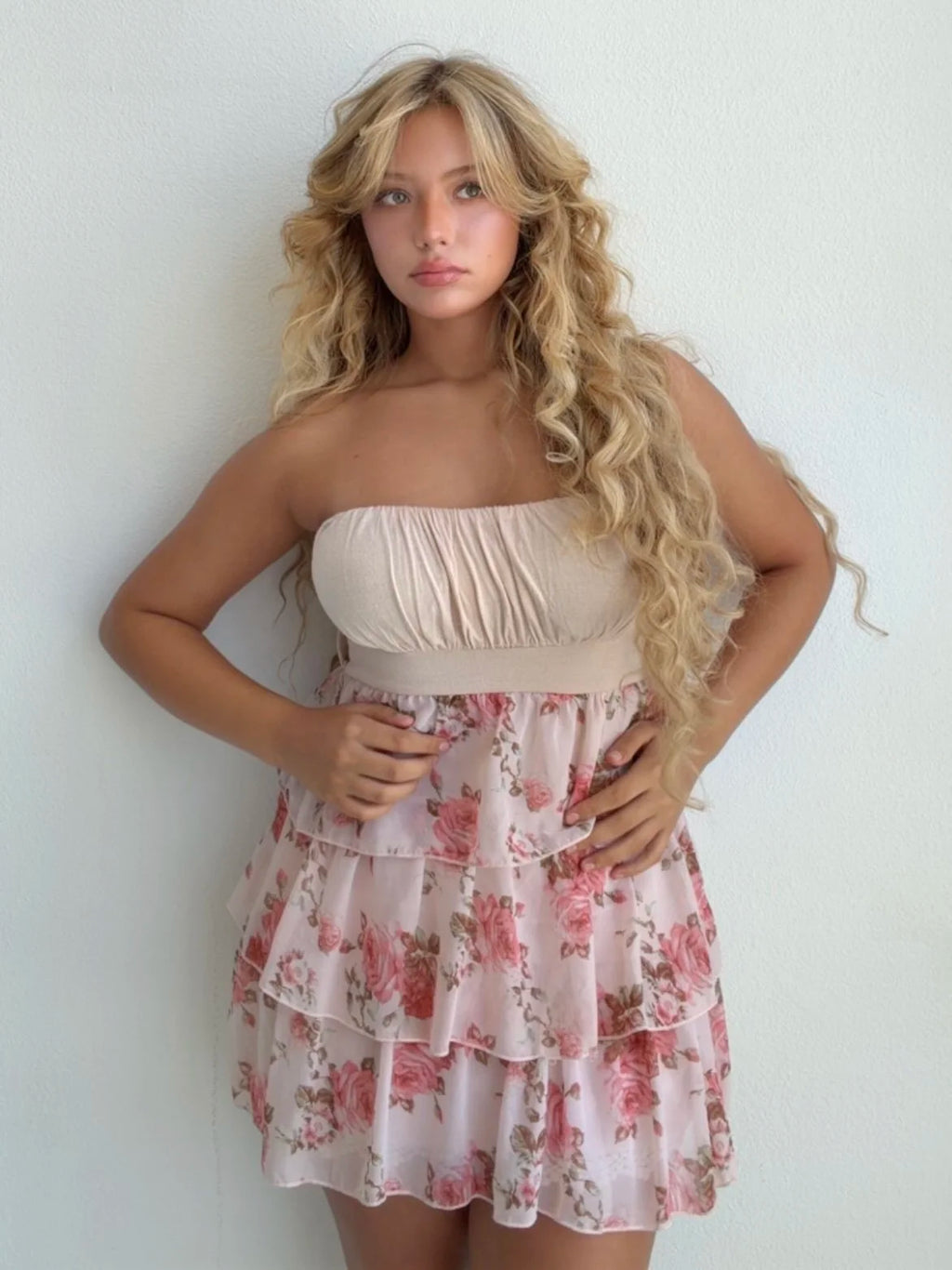 Pink Rose Tiered Mini Dress (Medium)