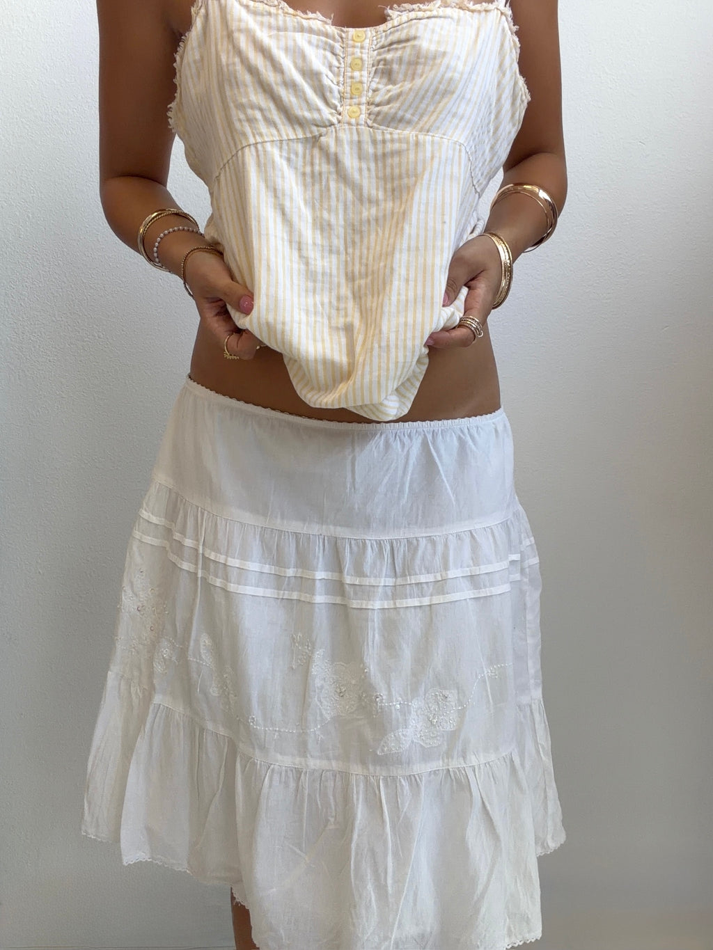 White Linen Embroidered Midi Skirt (Small)