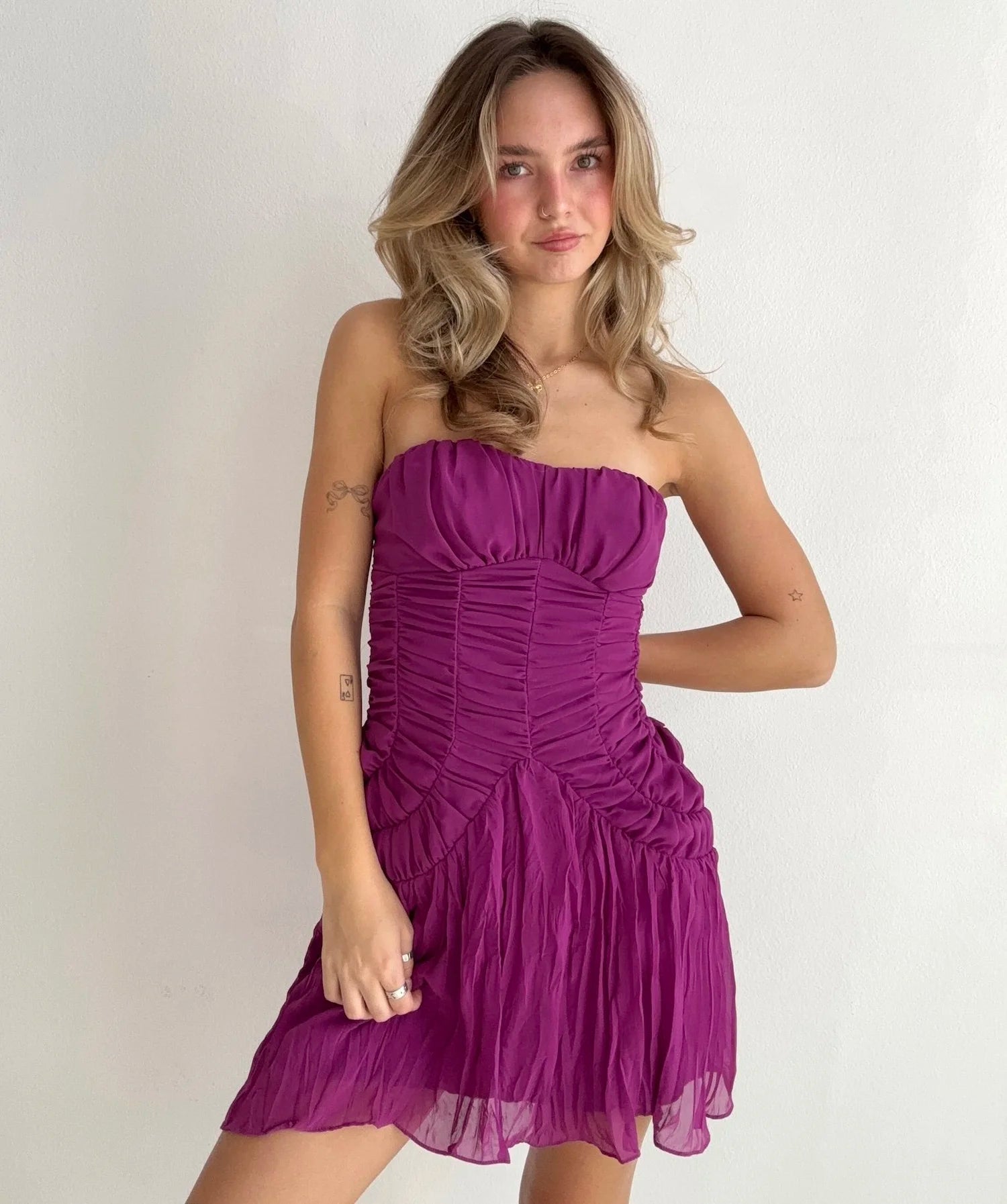 Plum Dream Ruched Mini Dress (Small)