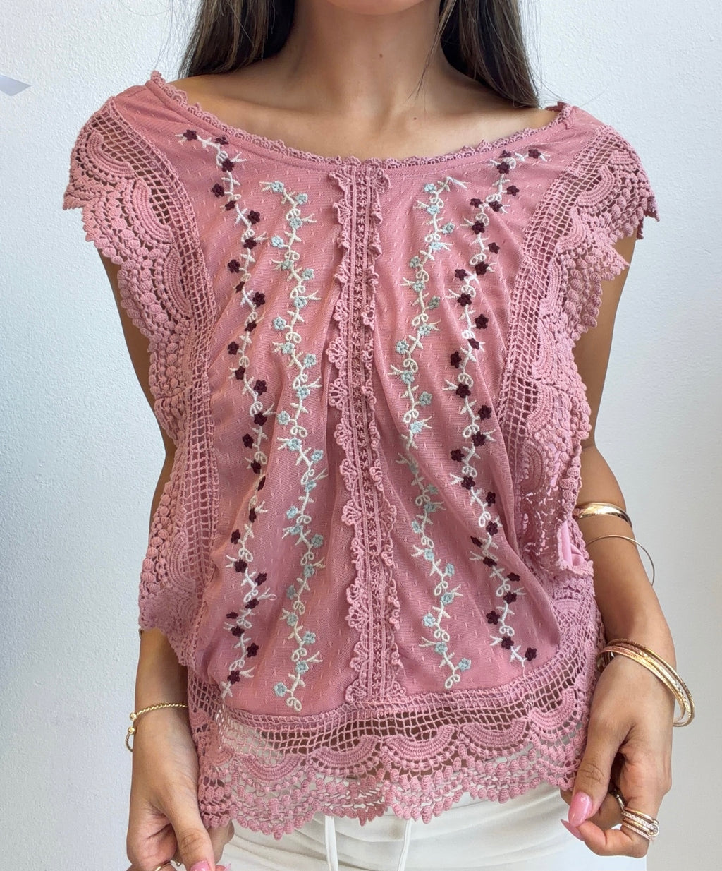 Dusty Rose Embroidered Crochet Top (Small)