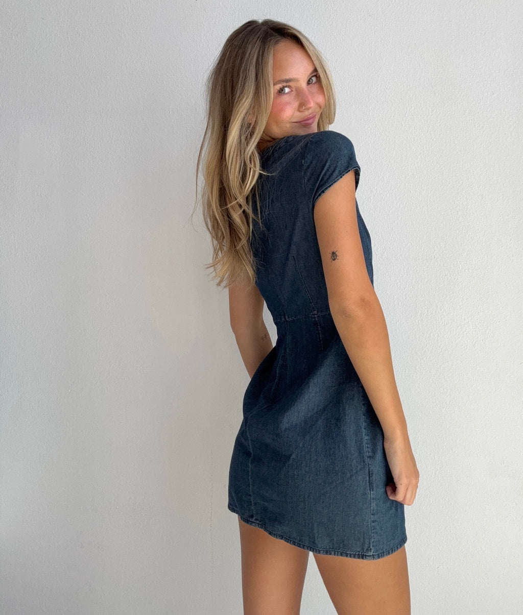 Dark Wash Lace Up Denim Dress (Small)