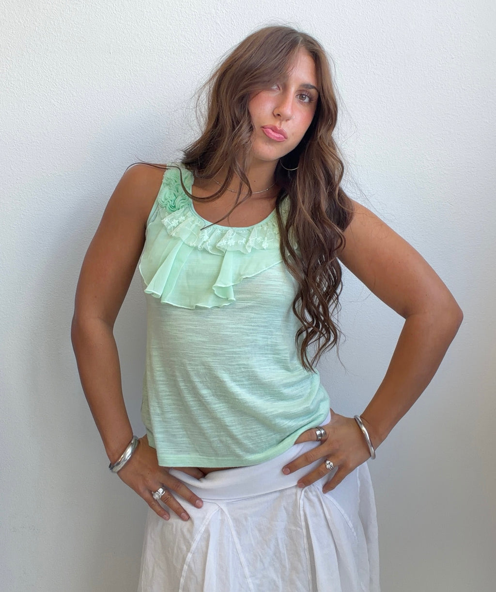Mint Ruffle Floral Tank (Small)