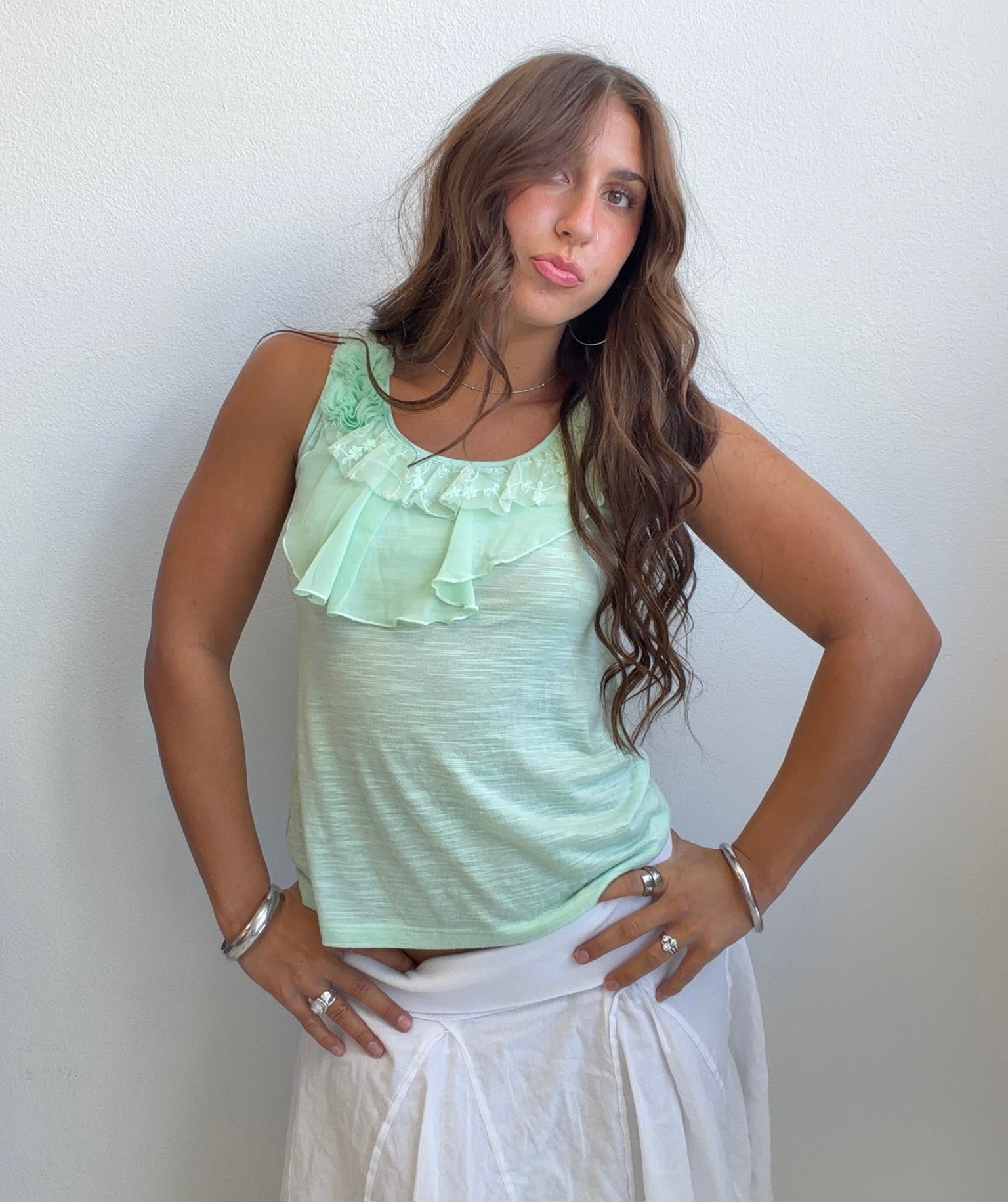 Mint Ruffle Floral Tank (Small)
