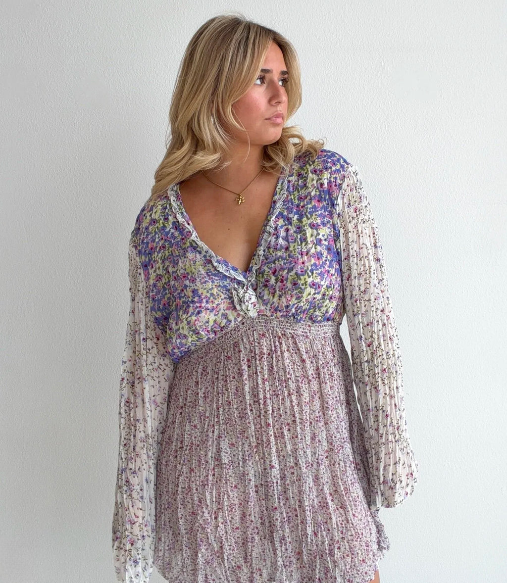Boho Floral Long Sleeve Mini Dress (Large)