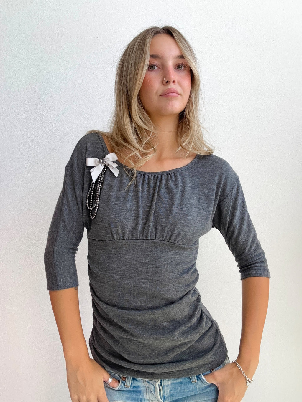 Grey Ruched Bow Top (Small)