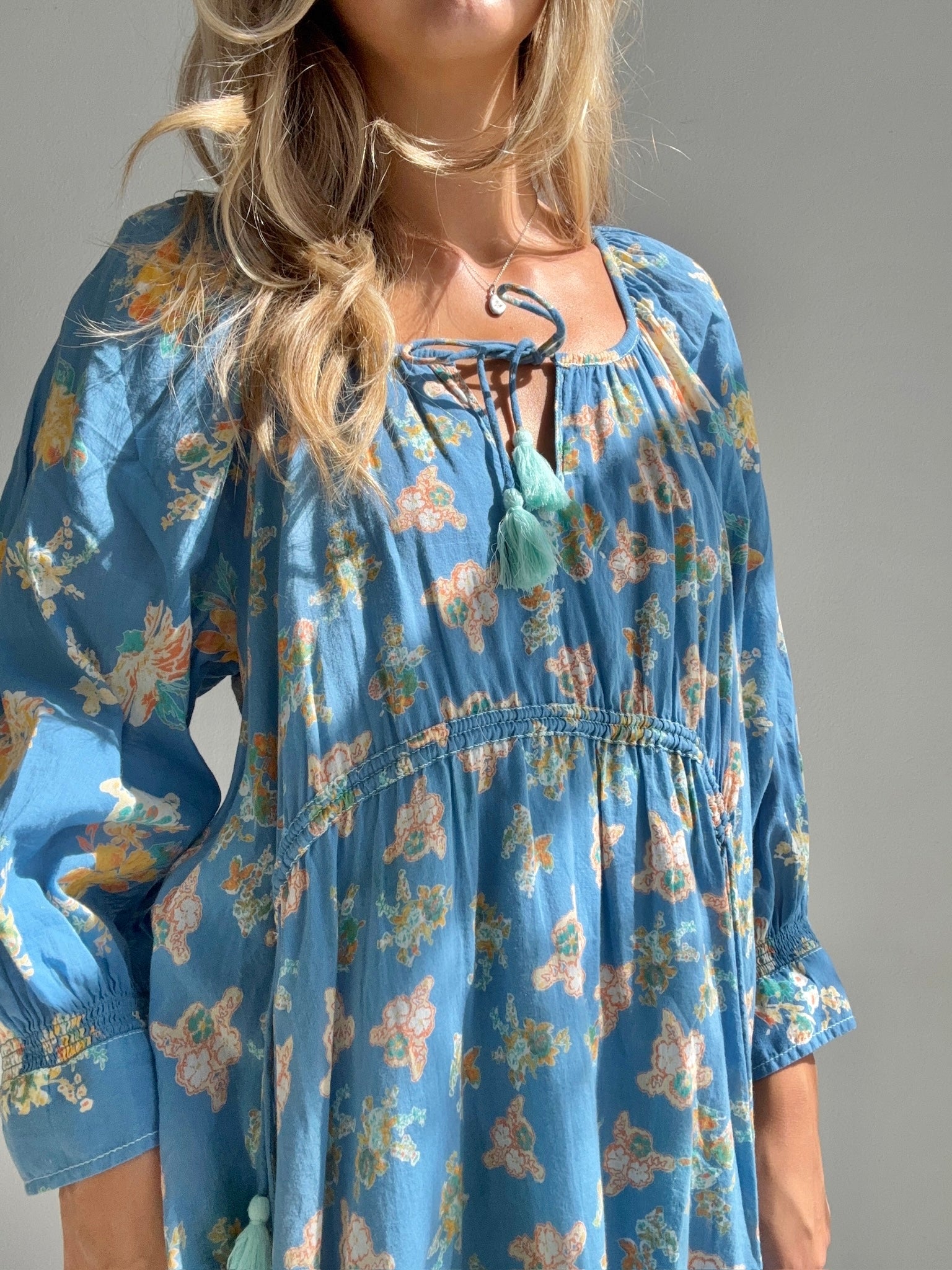 Blue Floral Boho Tunic Dress (Small)