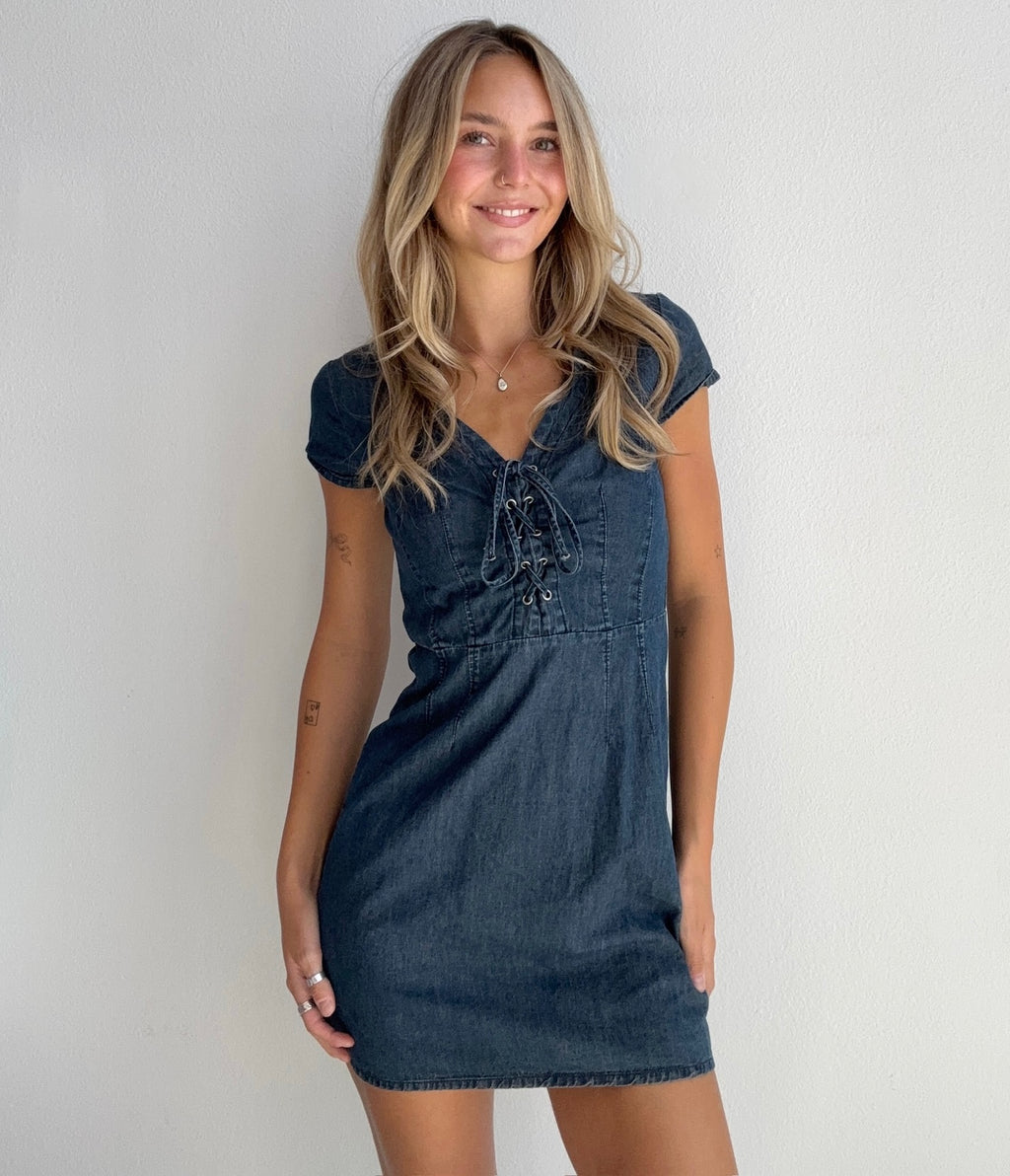 Dark Wash Lace Up Denim Dress (Small)