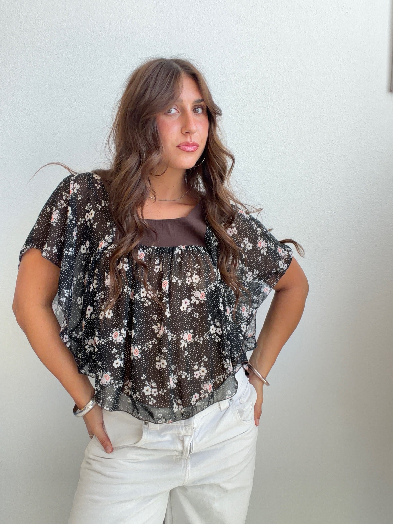 Brown Floral Chiffon Babydoll Blouse (Small)
