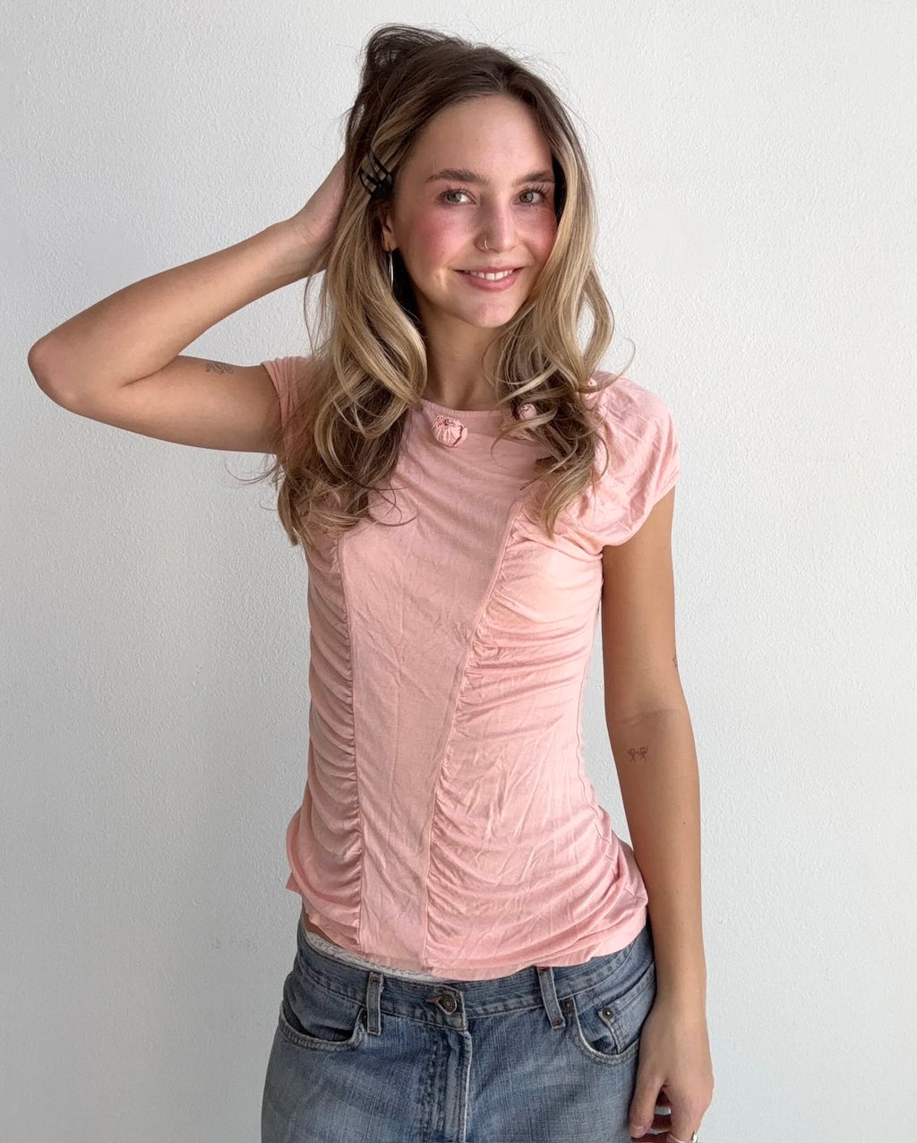 Baby Pink Rosette Ruched Top (Small)