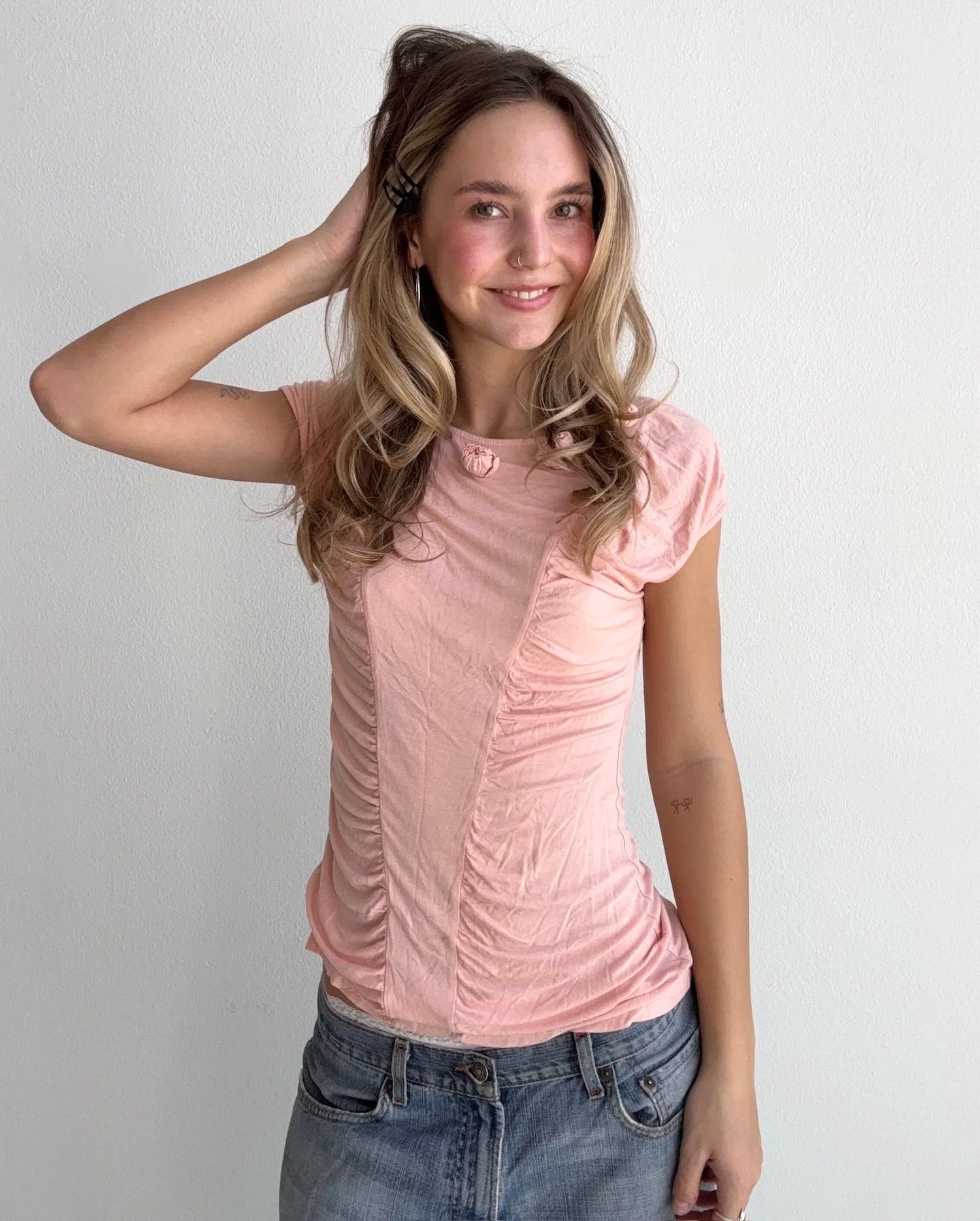 Baby Pink Rosette Ruched Top (Small)