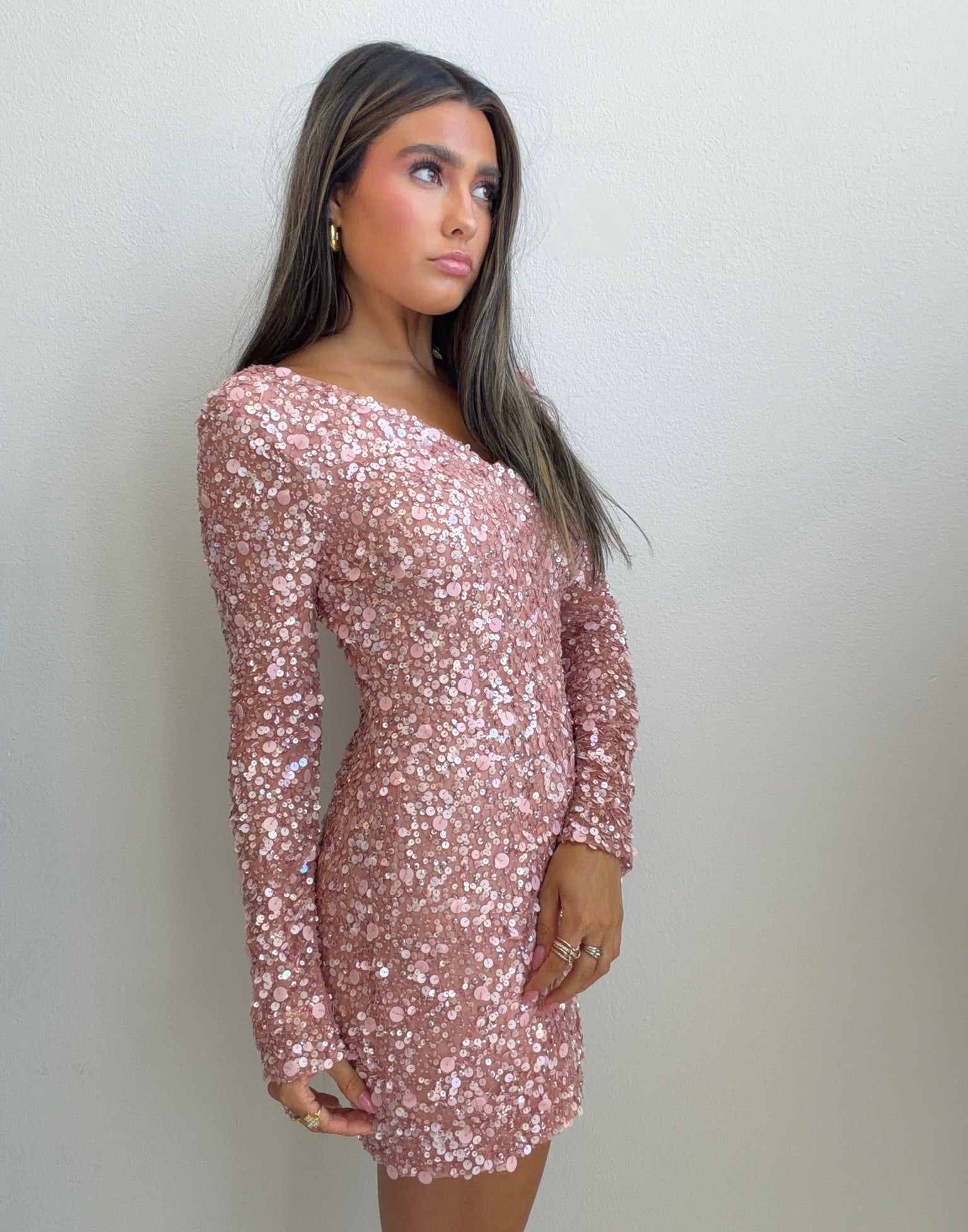 Blush Sequin Long Sleeve Mini Dress (Small)