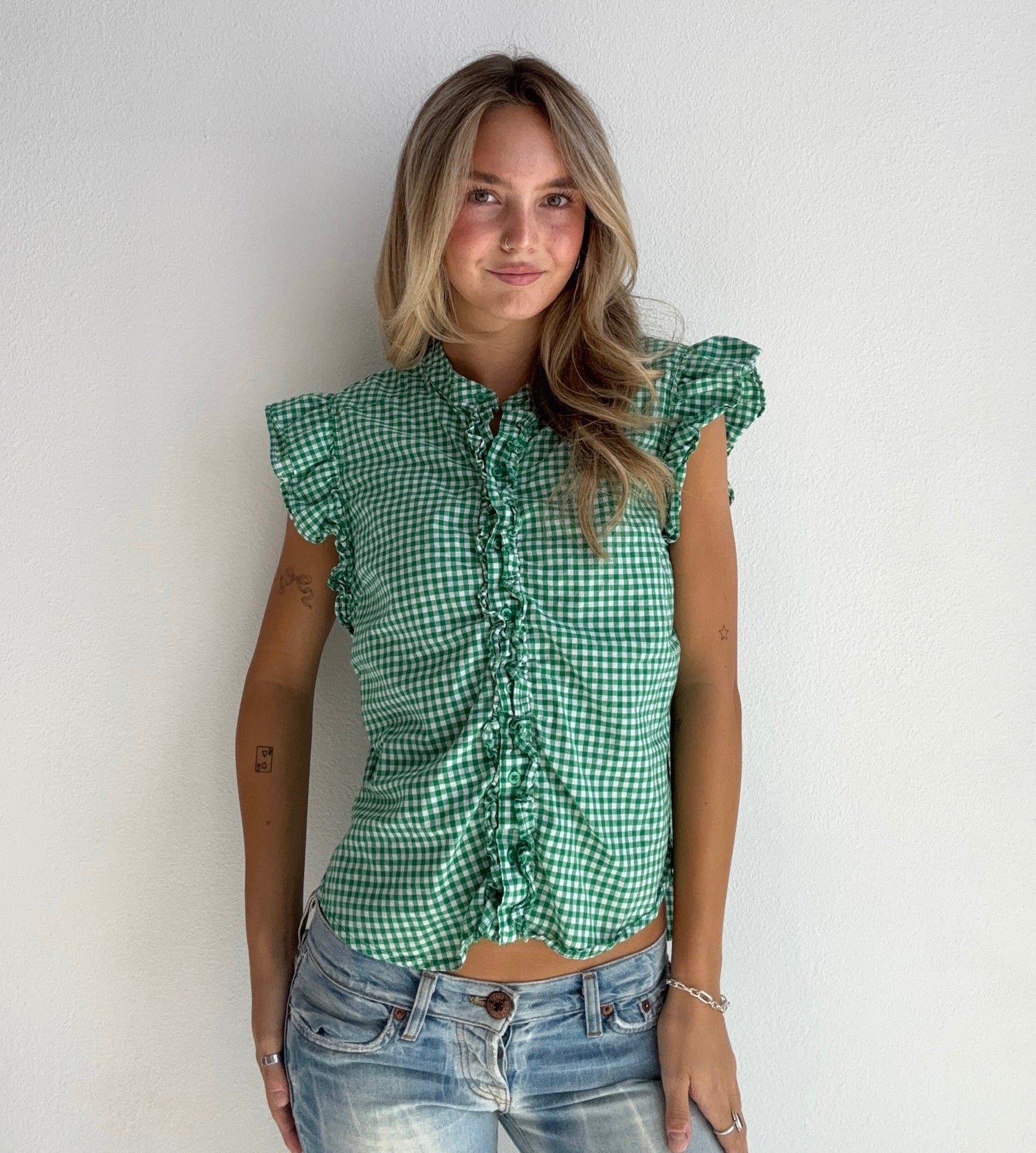 Green Gingham Ruffle Top (Medium)