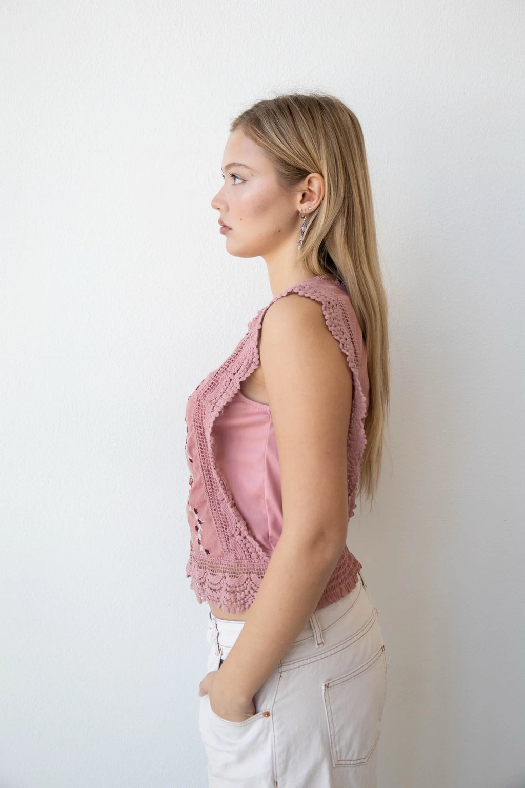 Pink Floral Mesh Boho Top (Medium)