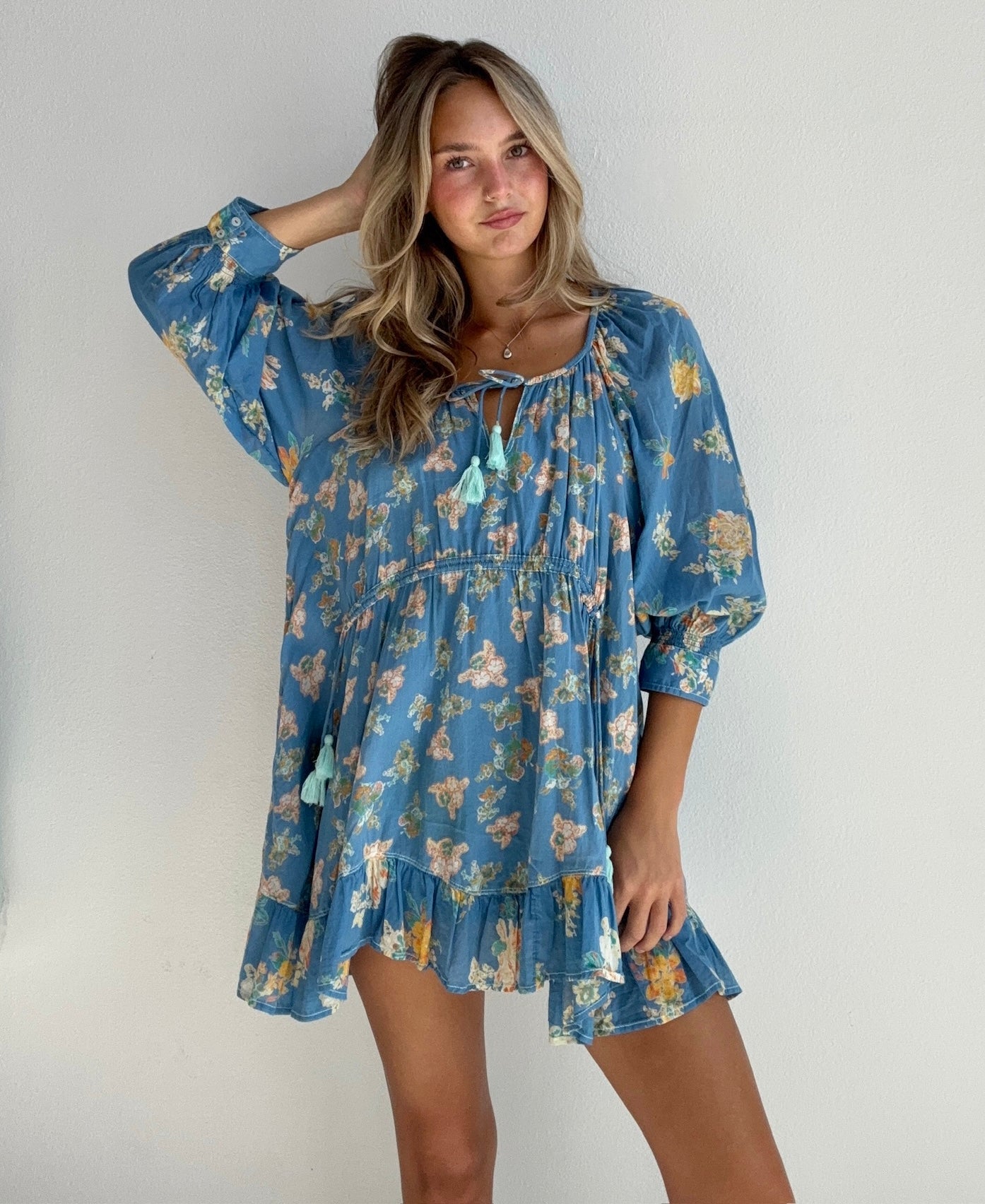 Blue Floral Boho Tunic Dress (Small)