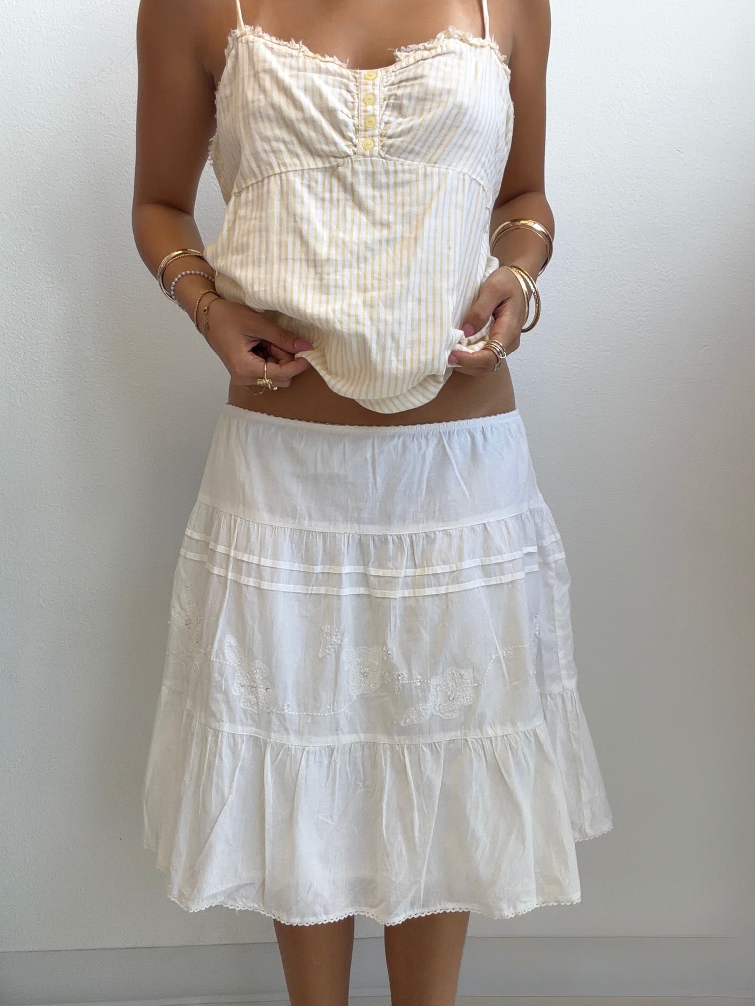 White Linen Embroidered Midi Skirt (Small)