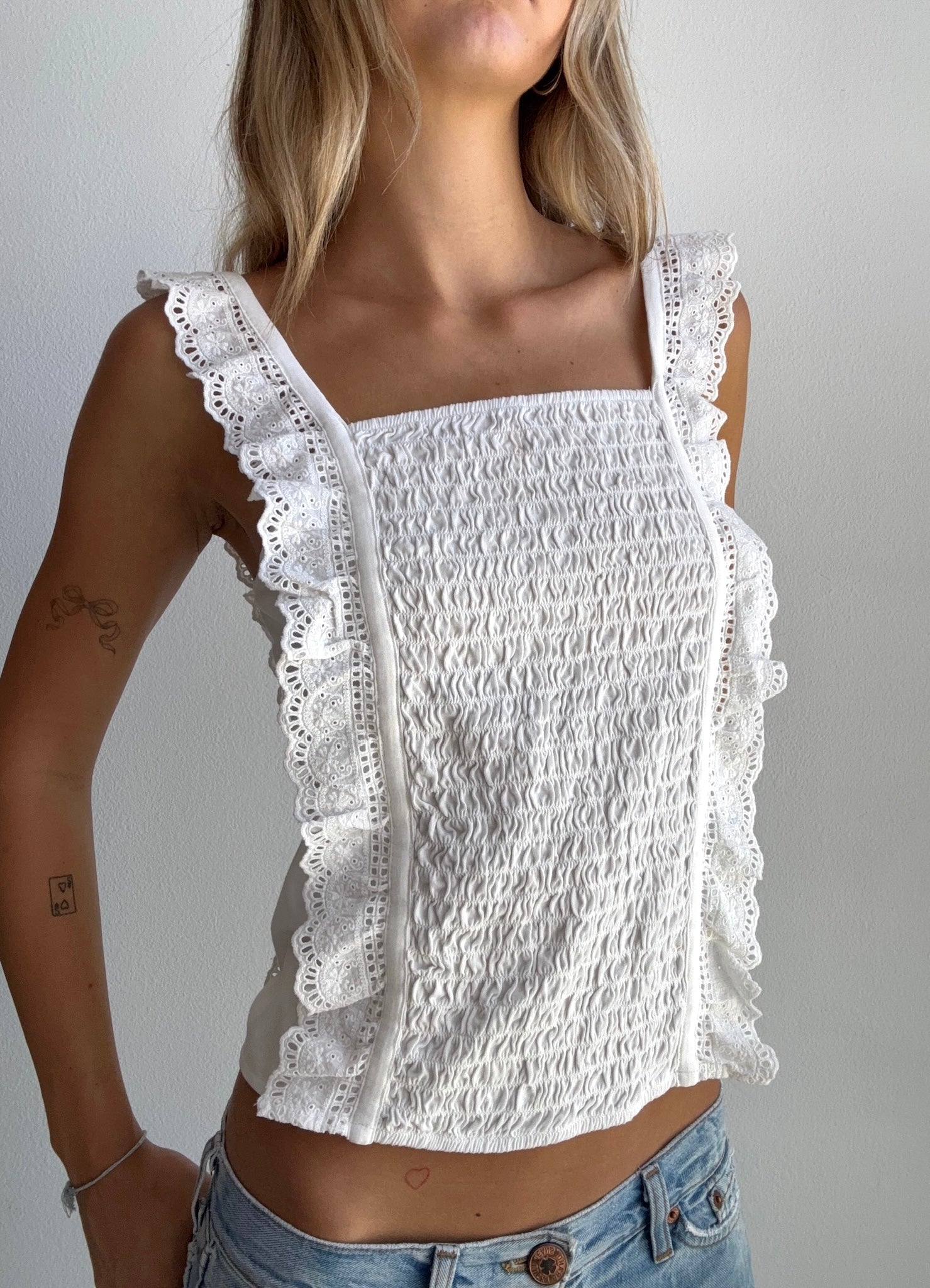 White Smocked Lace Tank (Small)