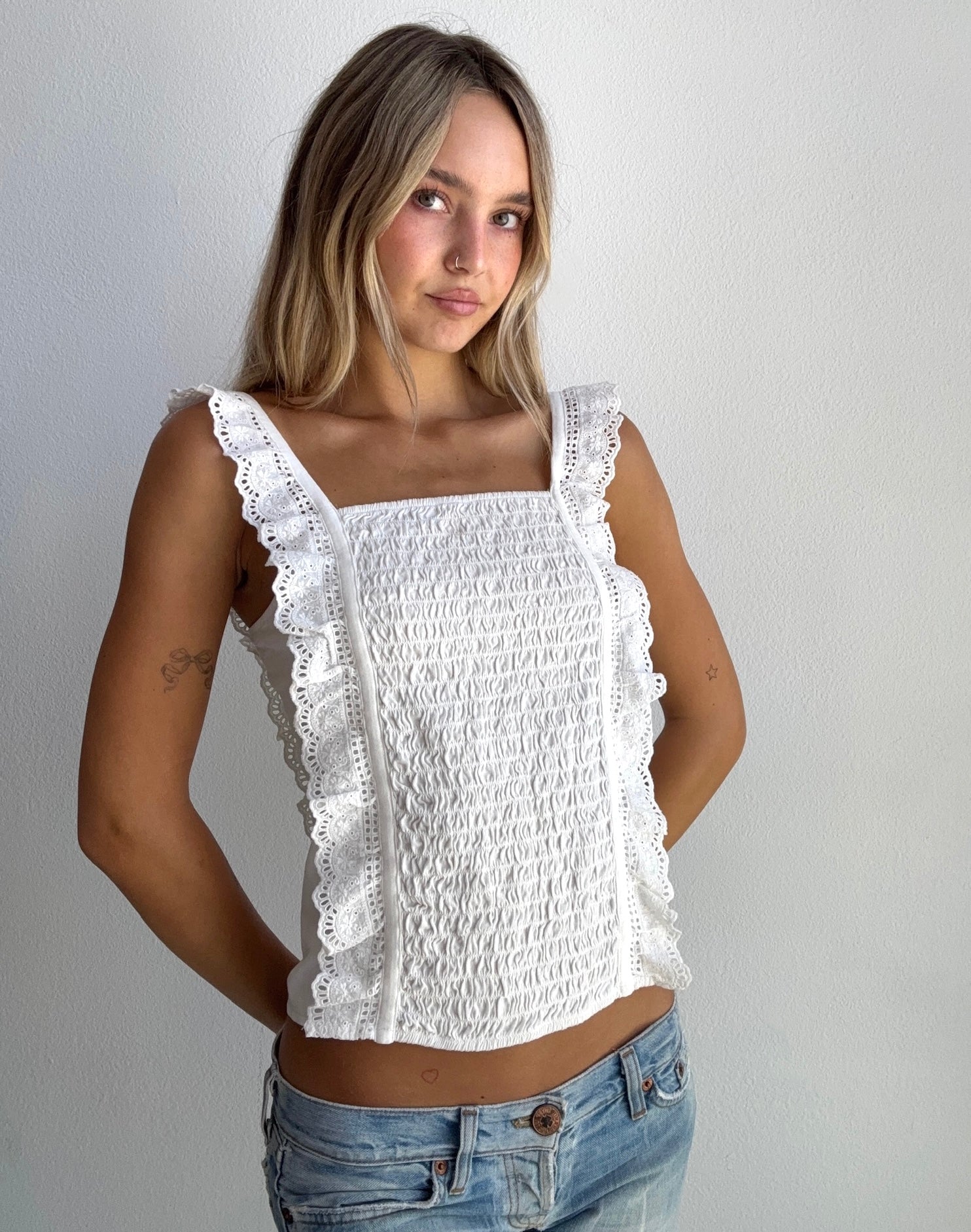 White Smocked Lace Tank (Small)