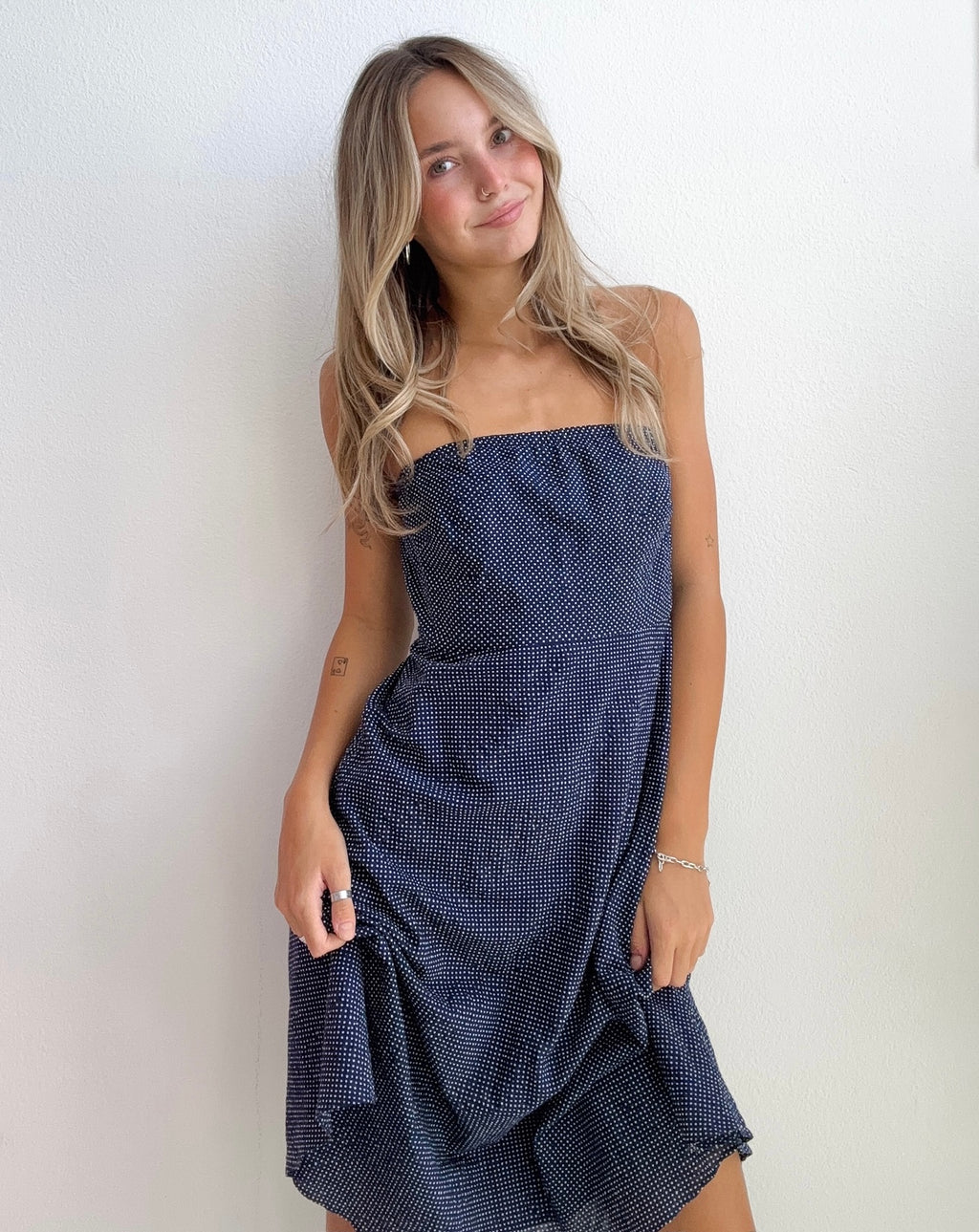 Navy Polka Dot Midi Dress (Small)