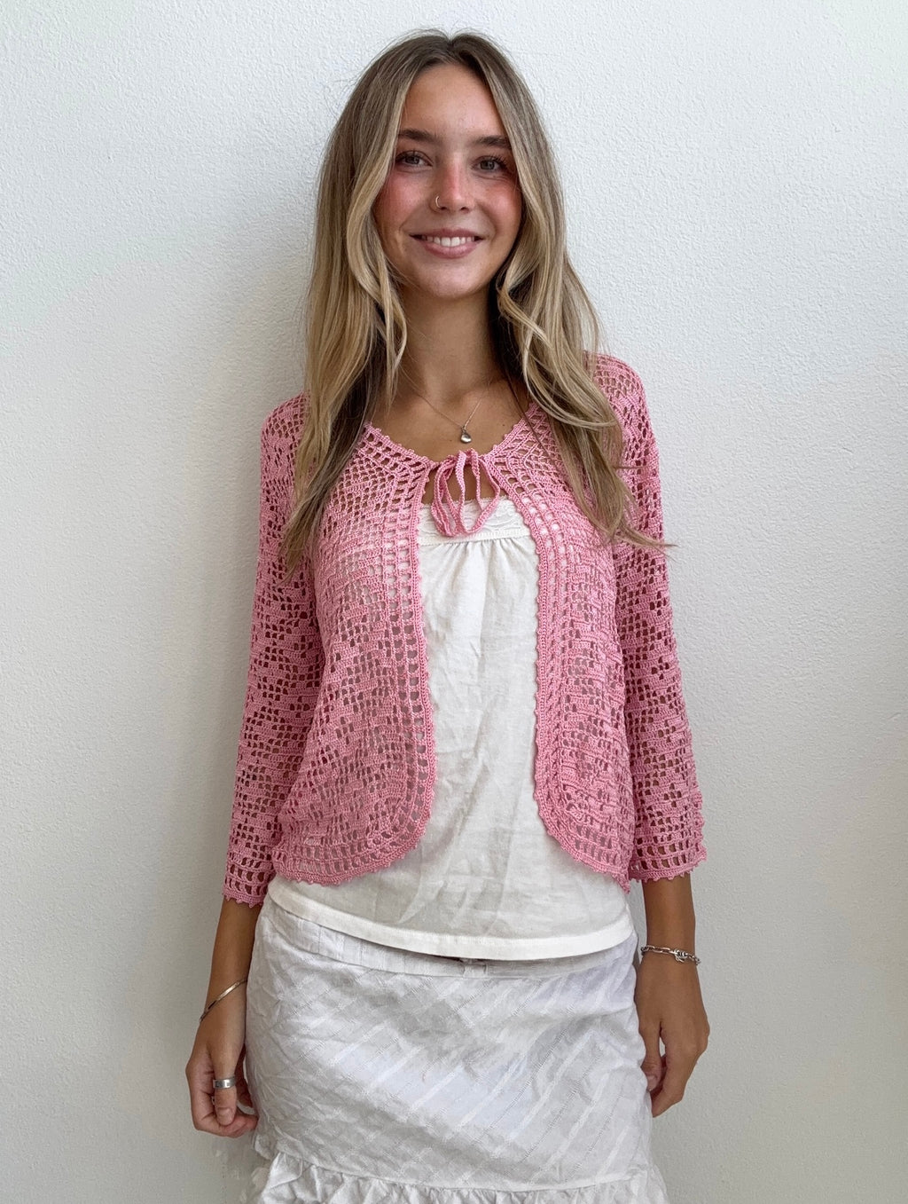 Pink Crochet Tie Cardigan (X-Small)