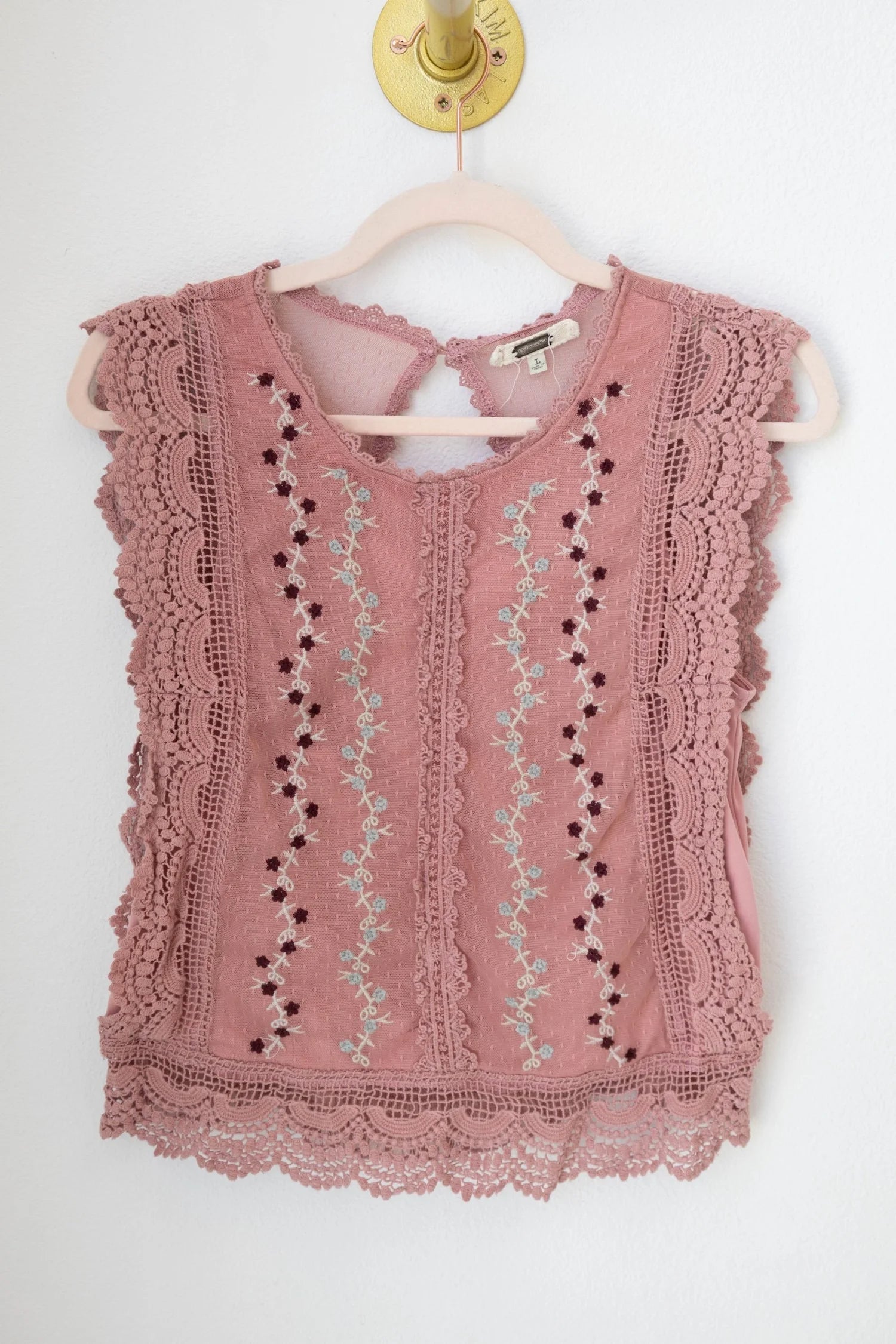 Pink Floral Mesh Boho Top (Medium)