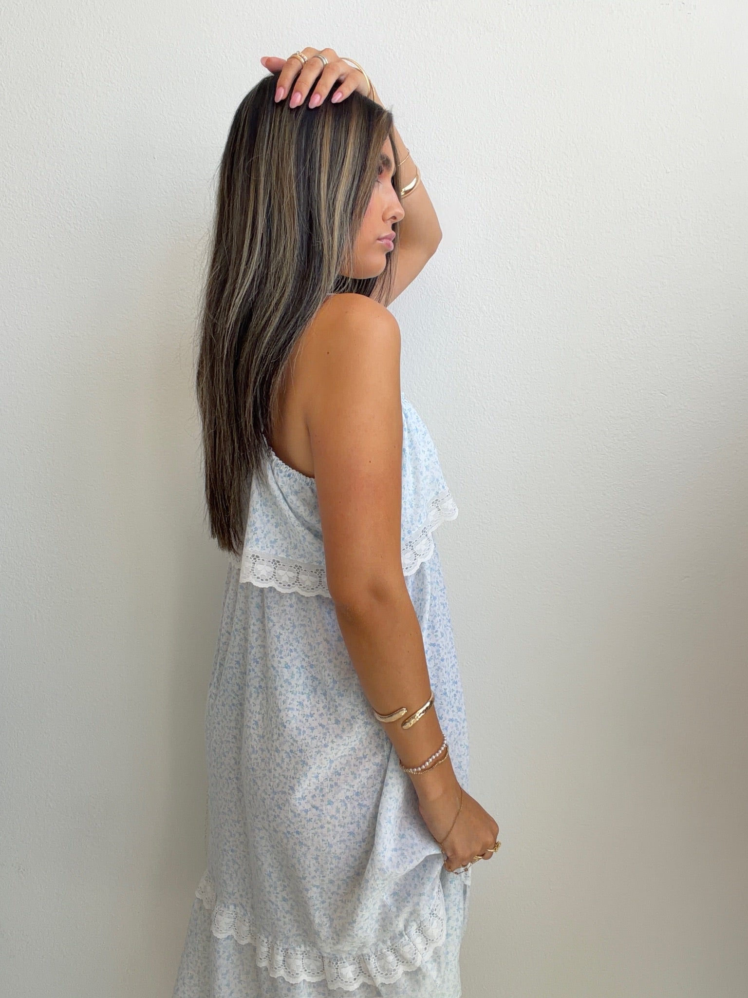 Blue Floral Lace Trim Prairie Dress (M/L)