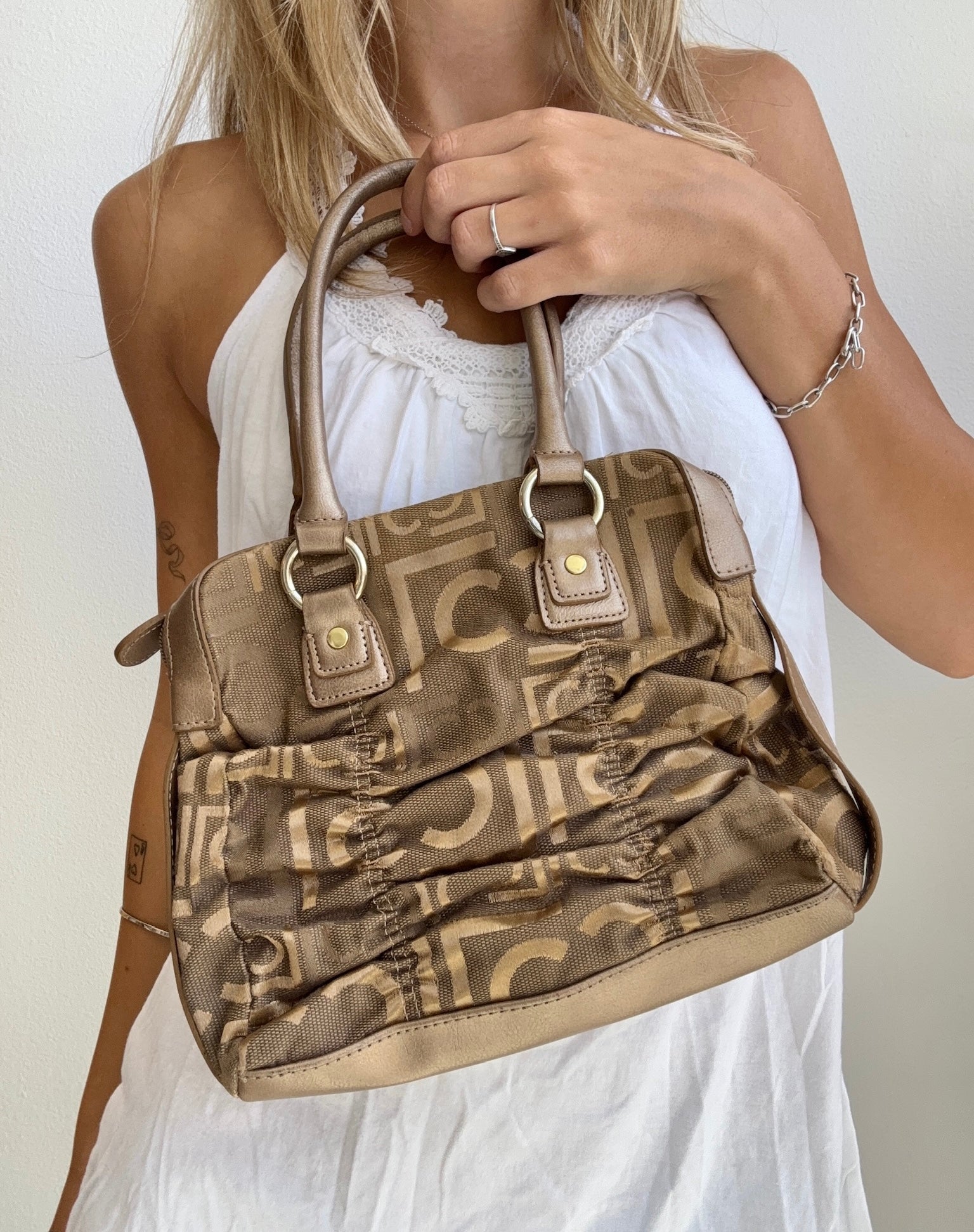 Taupe Monogram Ruched Purse