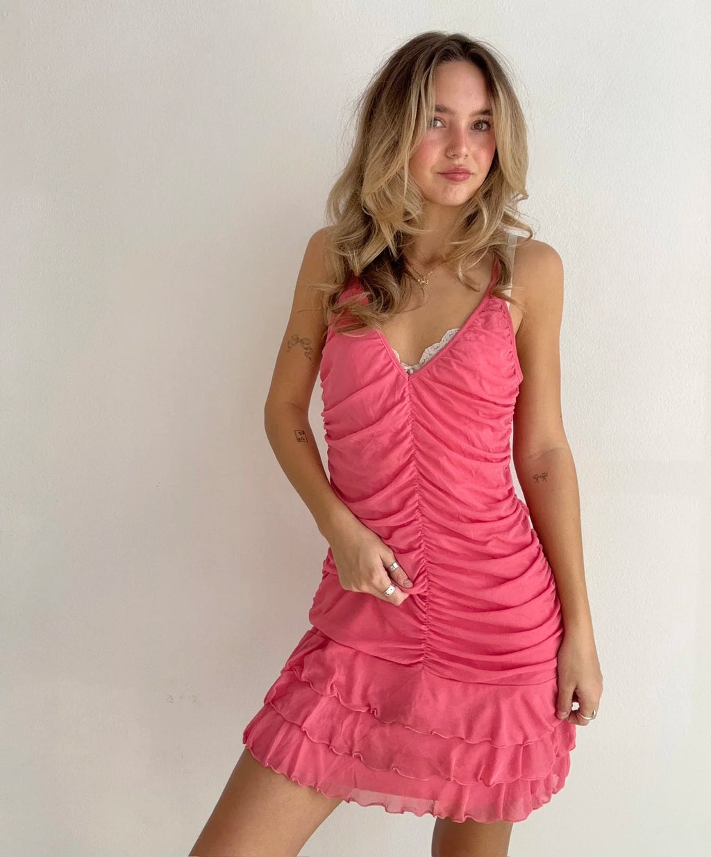 Pink Mesh Ruched Mini Dress (Small)