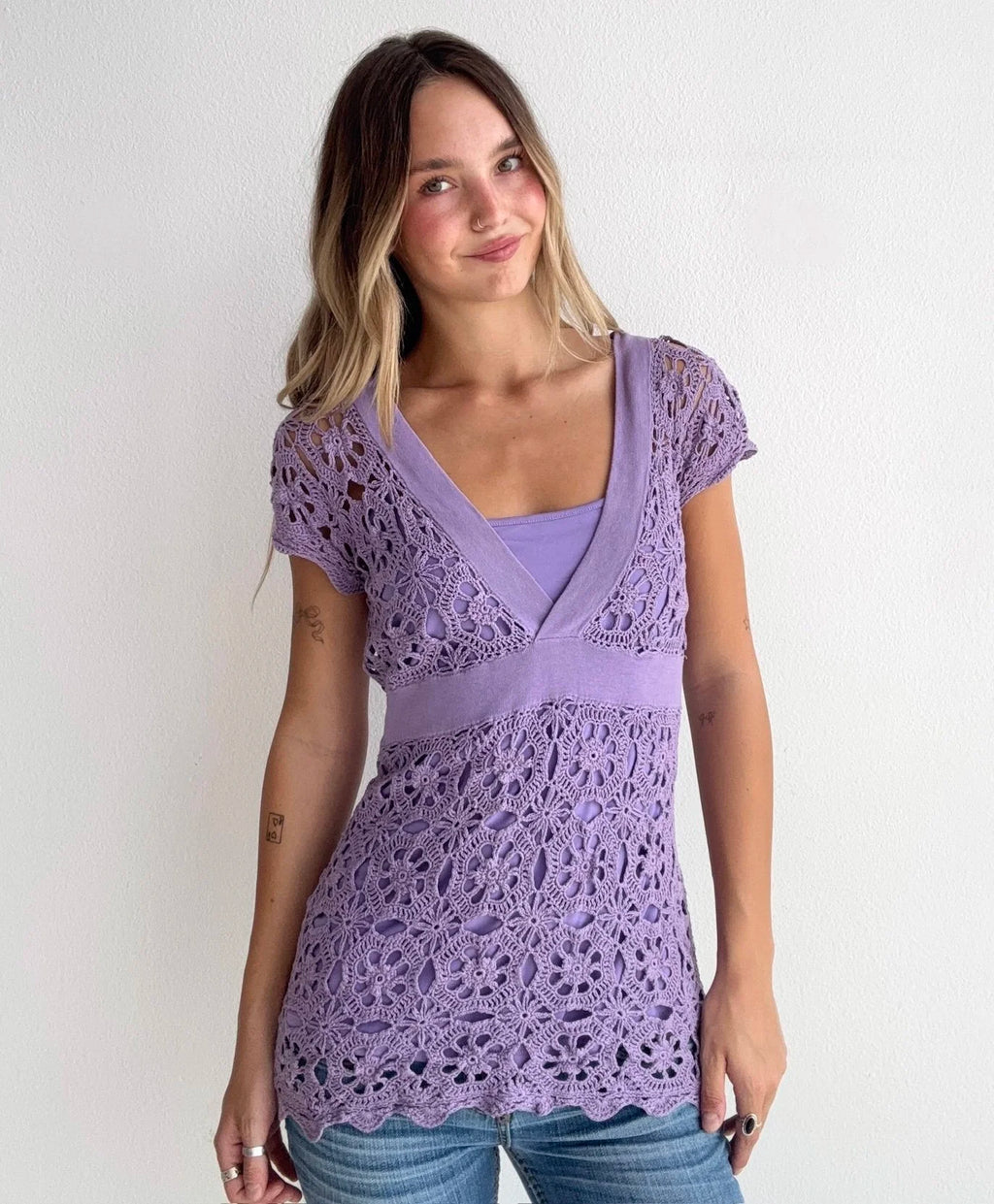 Crochet Lace Silk Blouse Top (Medium)