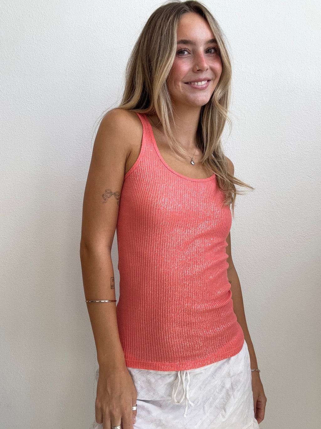 Coral Shimmer Ribbed Tank (Small)